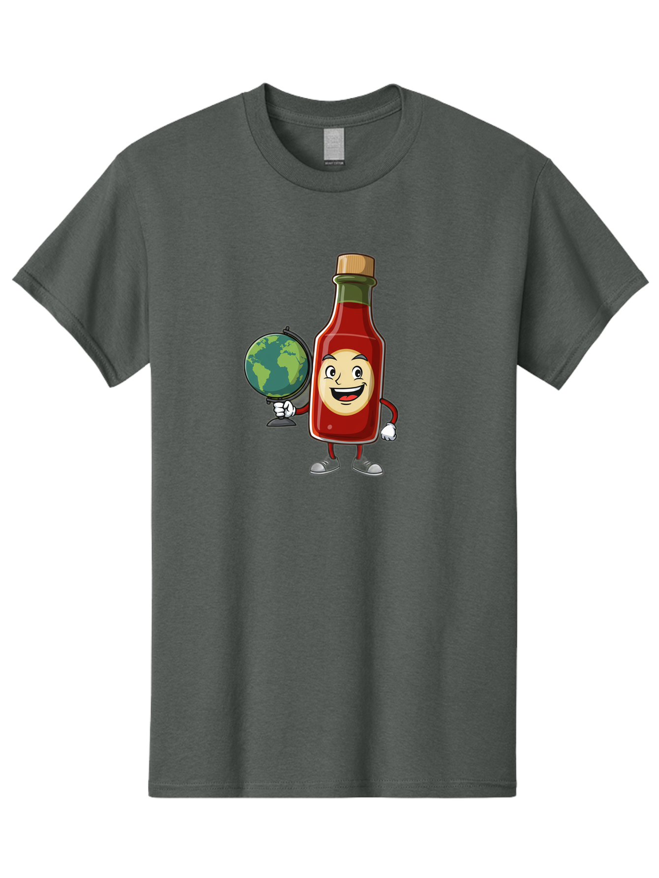Hot-Sauce-Bottle-3 Men'S Graphic Tee, 100% Cotton, Comfortable Casual Summer Wear, Machine Washable, Hot Sauce Bottle Character, Cartoon Mascot, Smiling Face, Globe, Spicy Food, Condiment, Foodie Culture, Cartoon Style, Funny Illustration Baa827
