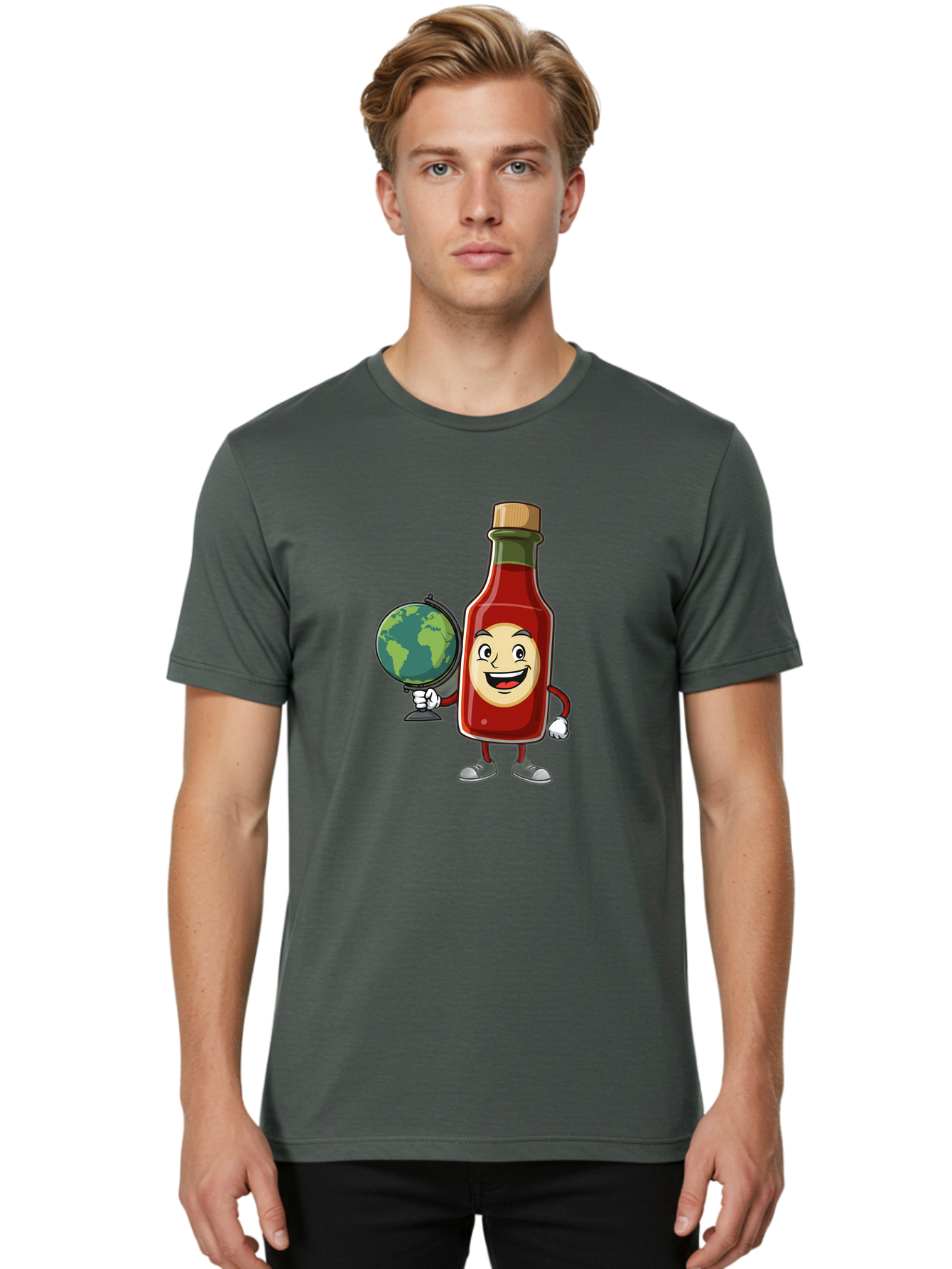 Hot-Sauce-Bottle-3 Men'S Graphic Tee, 100% Cotton, Comfortable Casual Summer Wear, Machine Washable, Hot Sauce Bottle Character, Cartoon Mascot, Smiling Face, Globe, Spicy Food, Condiment, Foodie Culture, Cartoon Style, Funny Illustration Baa827