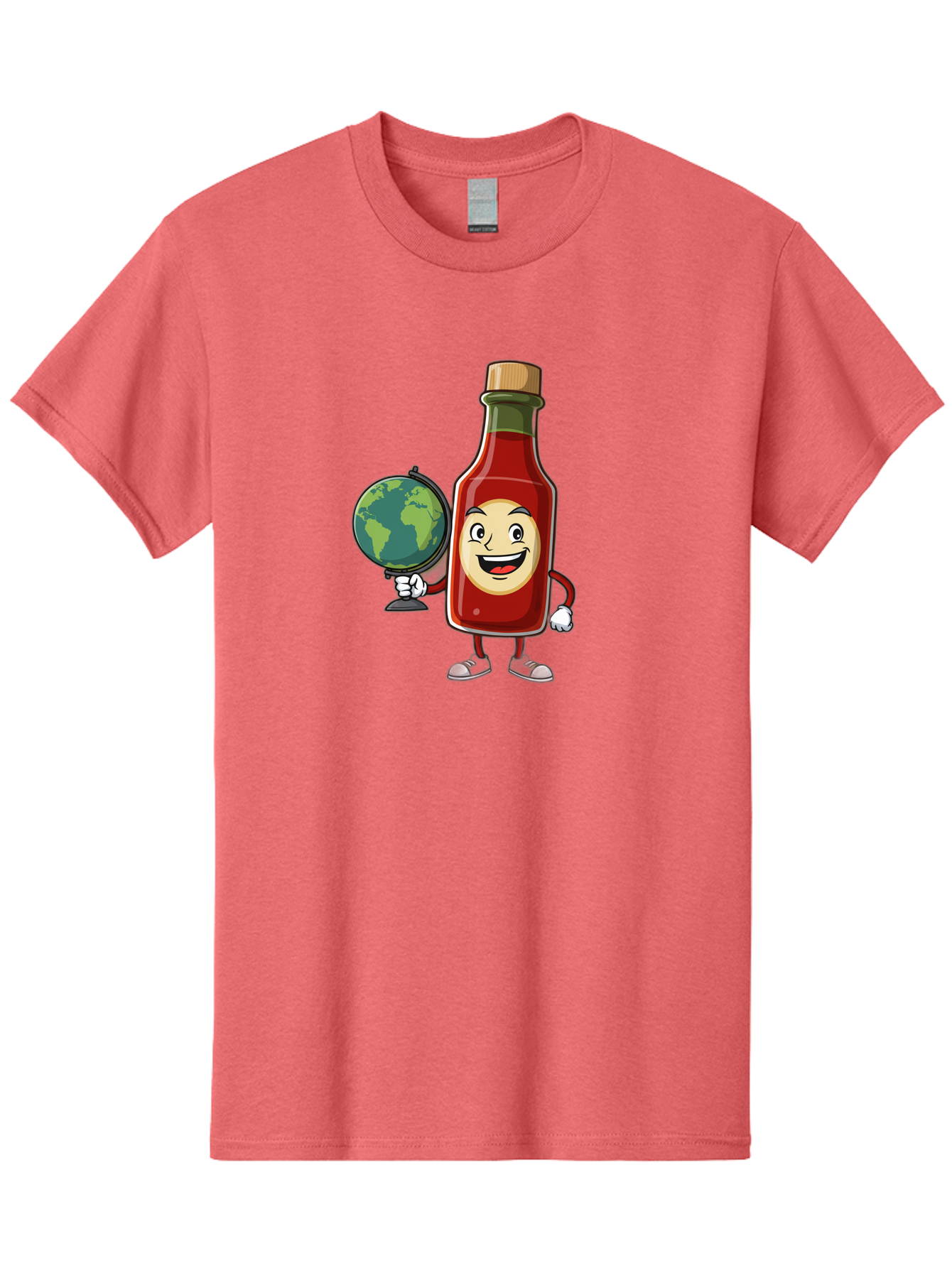 Hot-Sauce-Bottle-3 Men'S Graphic Tee, 100% Cotton, Comfortable Casual Summer Wear, Machine Washable, Hot Sauce Bottle Character, Cartoon Mascot, Smiling Face, Globe, Spicy Food, Condiment, Foodie Culture, Cartoon Style, Funny Illustration Baa827