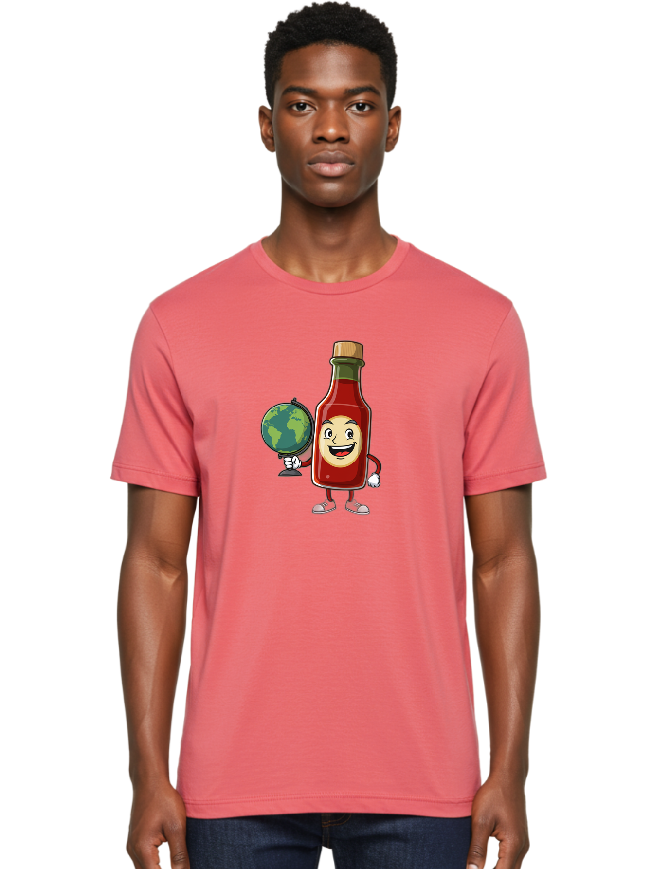 Hot-Sauce-Bottle-3 Men'S Graphic Tee, 100% Cotton, Comfortable Casual Summer Wear, Machine Washable, Hot Sauce Bottle Character, Cartoon Mascot, Smiling Face, Globe, Spicy Food, Condiment, Foodie Culture, Cartoon Style, Funny Illustration Baa827
