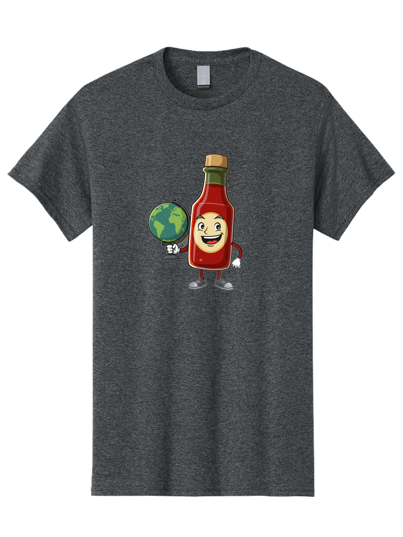 Hot-Sauce-Bottle-3 Men'S Graphic Tee, 100% Cotton, Comfortable Casual Summer Wear, Machine Washable, Hot Sauce Bottle Character, Cartoon Mascot, Smiling Face, Globe, Spicy Food, Condiment, Foodie Culture, Cartoon Style, Funny Illustration Baa827