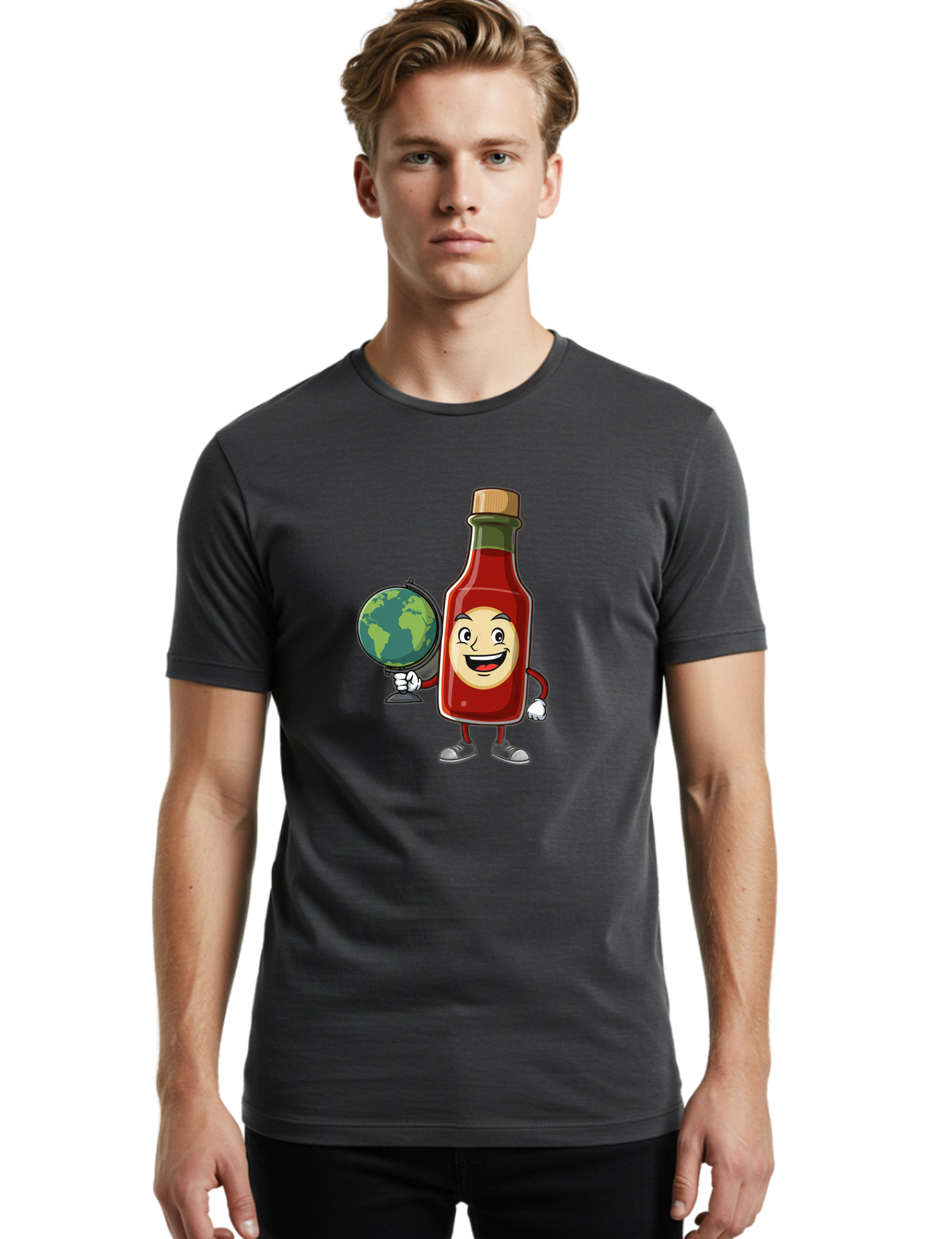 Hot-Sauce-Bottle-3 Men'S Graphic Tee, 100% Cotton, Comfortable Casual Summer Wear, Machine Washable, Hot Sauce Bottle Character, Cartoon Mascot, Smiling Face, Globe, Spicy Food, Condiment, Foodie Culture, Cartoon Style, Funny Illustration Baa827