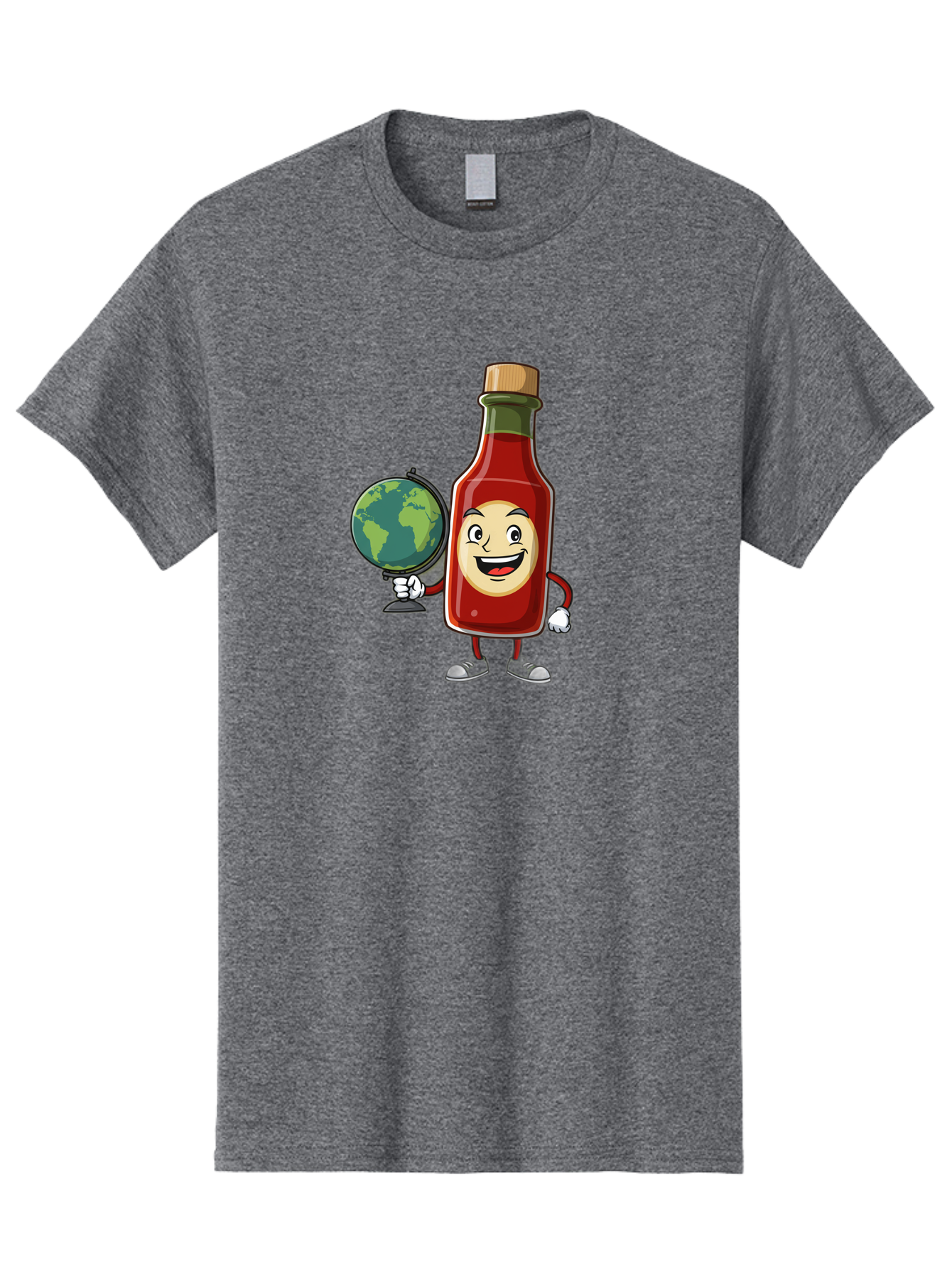 Hot-Sauce-Bottle-3 Men'S Graphic Tee, 100% Cotton, Comfortable Casual Summer Wear, Machine Washable, Hot Sauce Bottle Character, Cartoon Mascot, Smiling Face, Globe, Spicy Food, Condiment, Foodie Culture, Cartoon Style, Funny Illustration Baa827