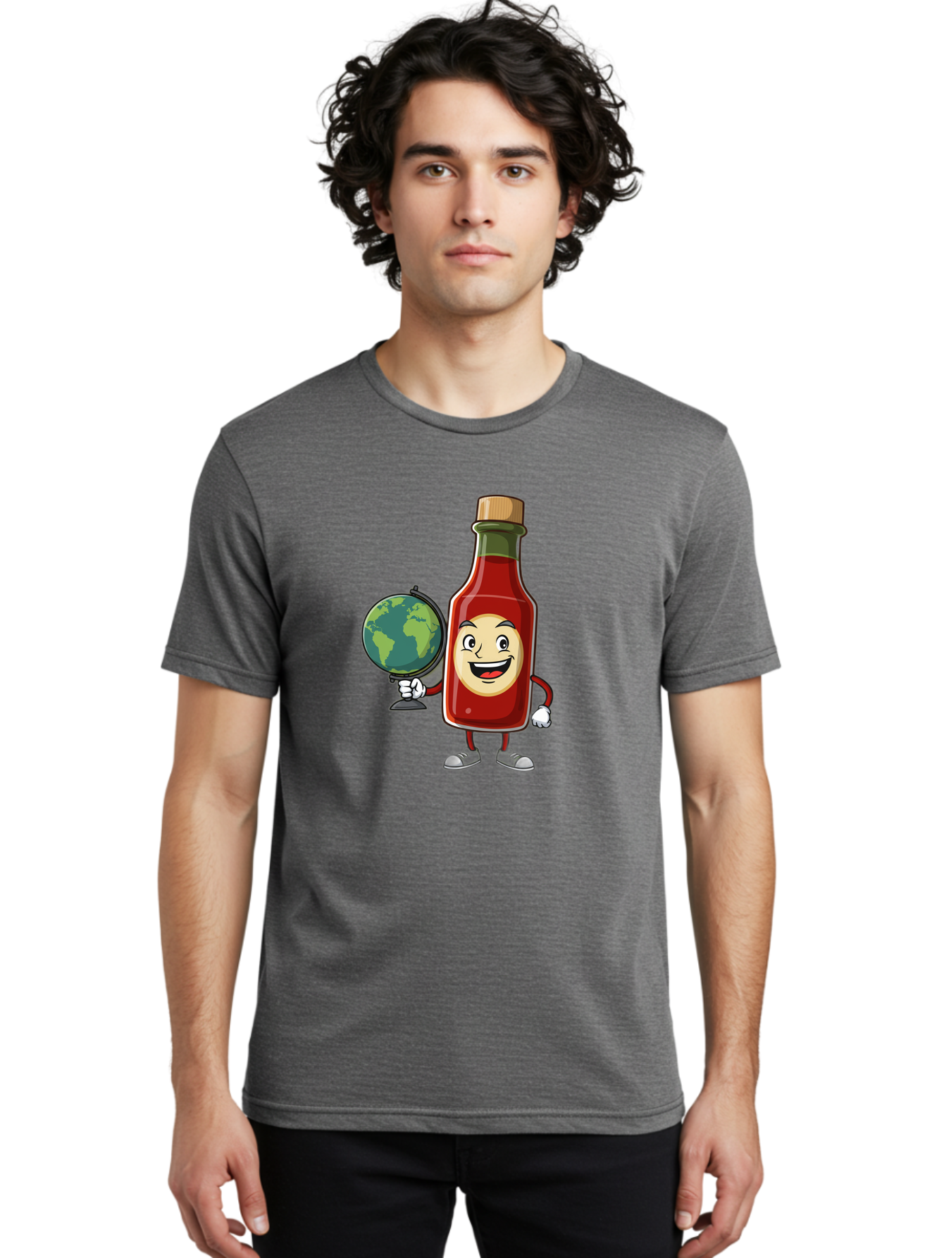 Hot-Sauce-Bottle-3 Men'S Graphic Tee, 100% Cotton, Comfortable Casual Summer Wear, Machine Washable, Hot Sauce Bottle Character, Cartoon Mascot, Smiling Face, Globe, Spicy Food, Condiment, Foodie Culture, Cartoon Style, Funny Illustration Baa827
