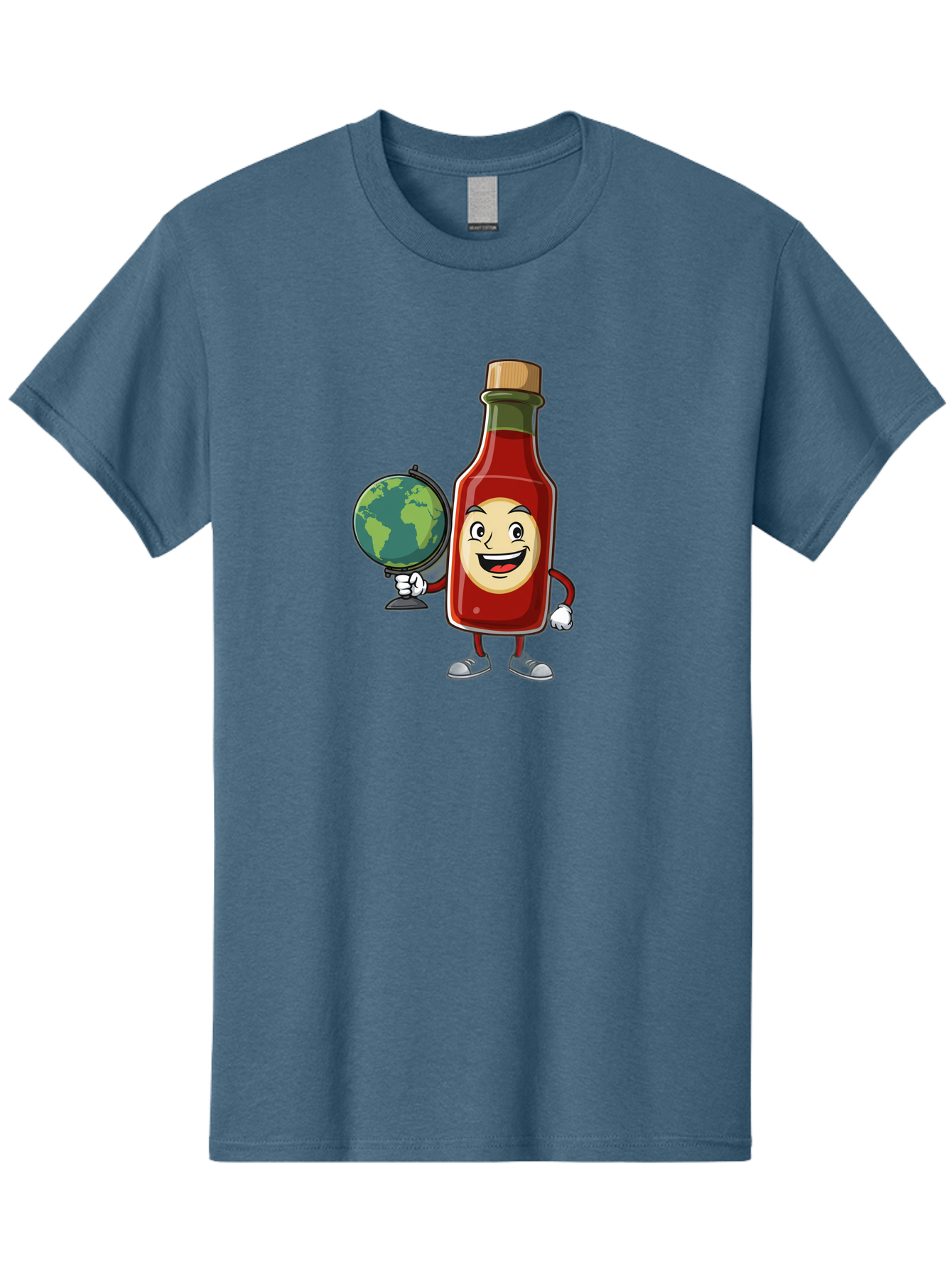 Hot-Sauce-Bottle-3 Men'S Graphic Tee, 100% Cotton, Comfortable Casual Summer Wear, Machine Washable, Hot Sauce Bottle Character, Cartoon Mascot, Smiling Face, Globe, Spicy Food, Condiment, Foodie Culture, Cartoon Style, Funny Illustration Baa827