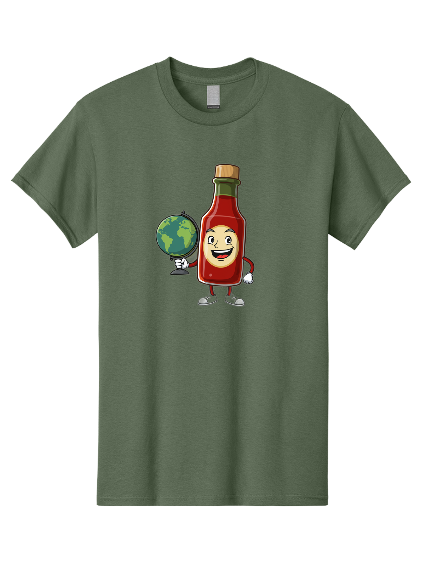 Hot-Sauce-Bottle-3 Men'S Graphic Tee, 100% Cotton, Comfortable Casual Summer Wear, Machine Washable, Hot Sauce Bottle Character, Cartoon Mascot, Smiling Face, Globe, Spicy Food, Condiment, Foodie Culture, Cartoon Style, Funny Illustration Baa827