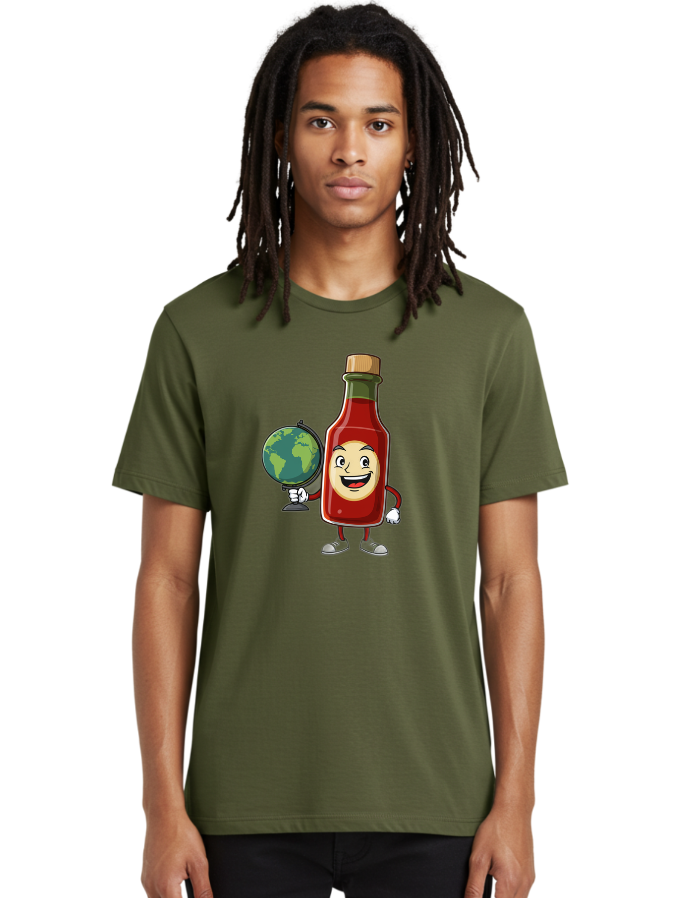Hot-Sauce-Bottle-3 Men'S Graphic Tee, 100% Cotton, Comfortable Casual Summer Wear, Machine Washable, Hot Sauce Bottle Character, Cartoon Mascot, Smiling Face, Globe, Spicy Food, Condiment, Foodie Culture, Cartoon Style, Funny Illustration Baa827