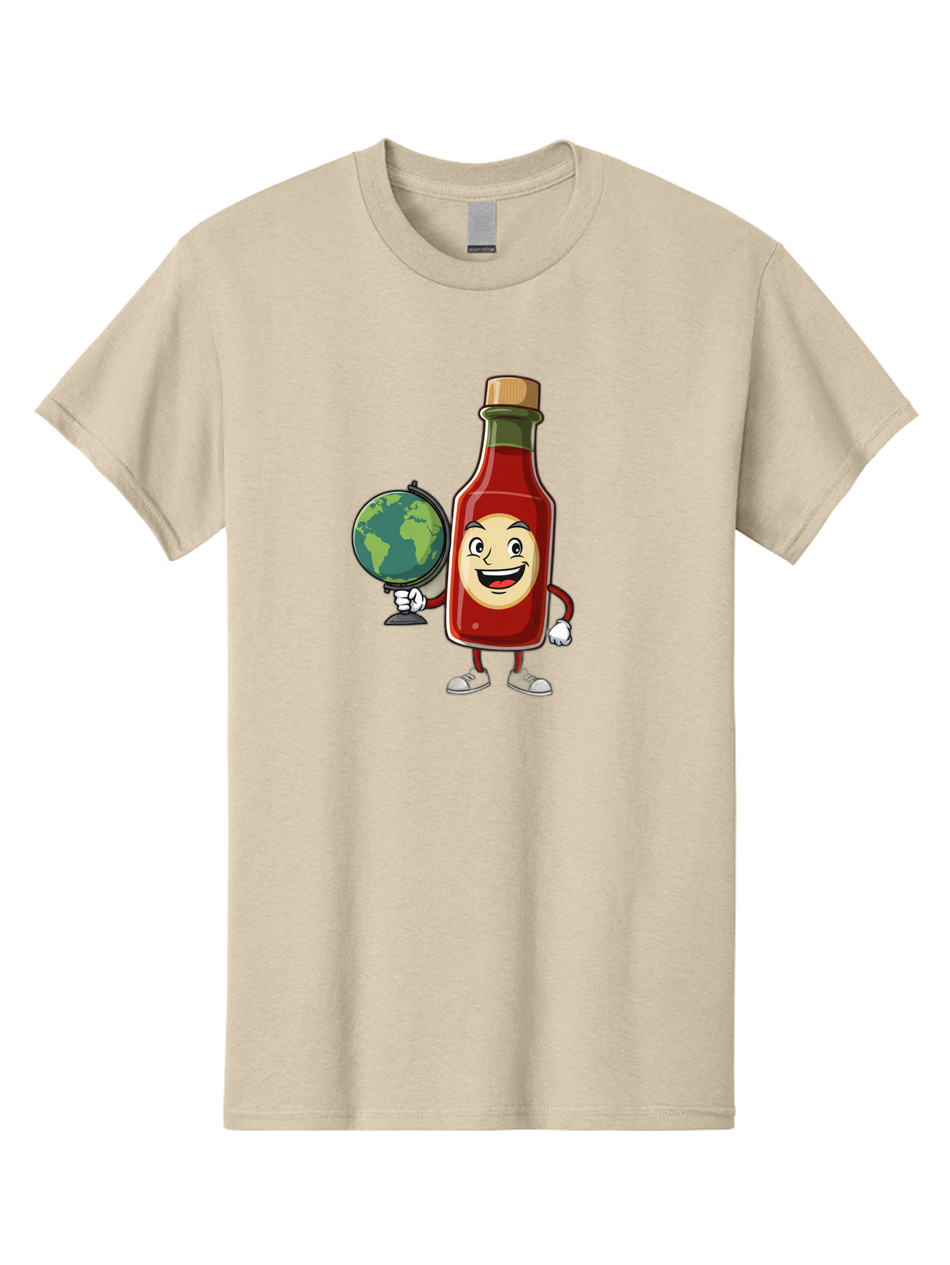 Hot-Sauce-Bottle-3 Men'S Graphic Tee, 100% Cotton, Comfortable Casual Summer Wear, Machine Washable, Hot Sauce Bottle Character, Cartoon Mascot, Smiling Face, Globe, Spicy Food, Condiment, Foodie Culture, Cartoon Style, Funny Illustration Baa827