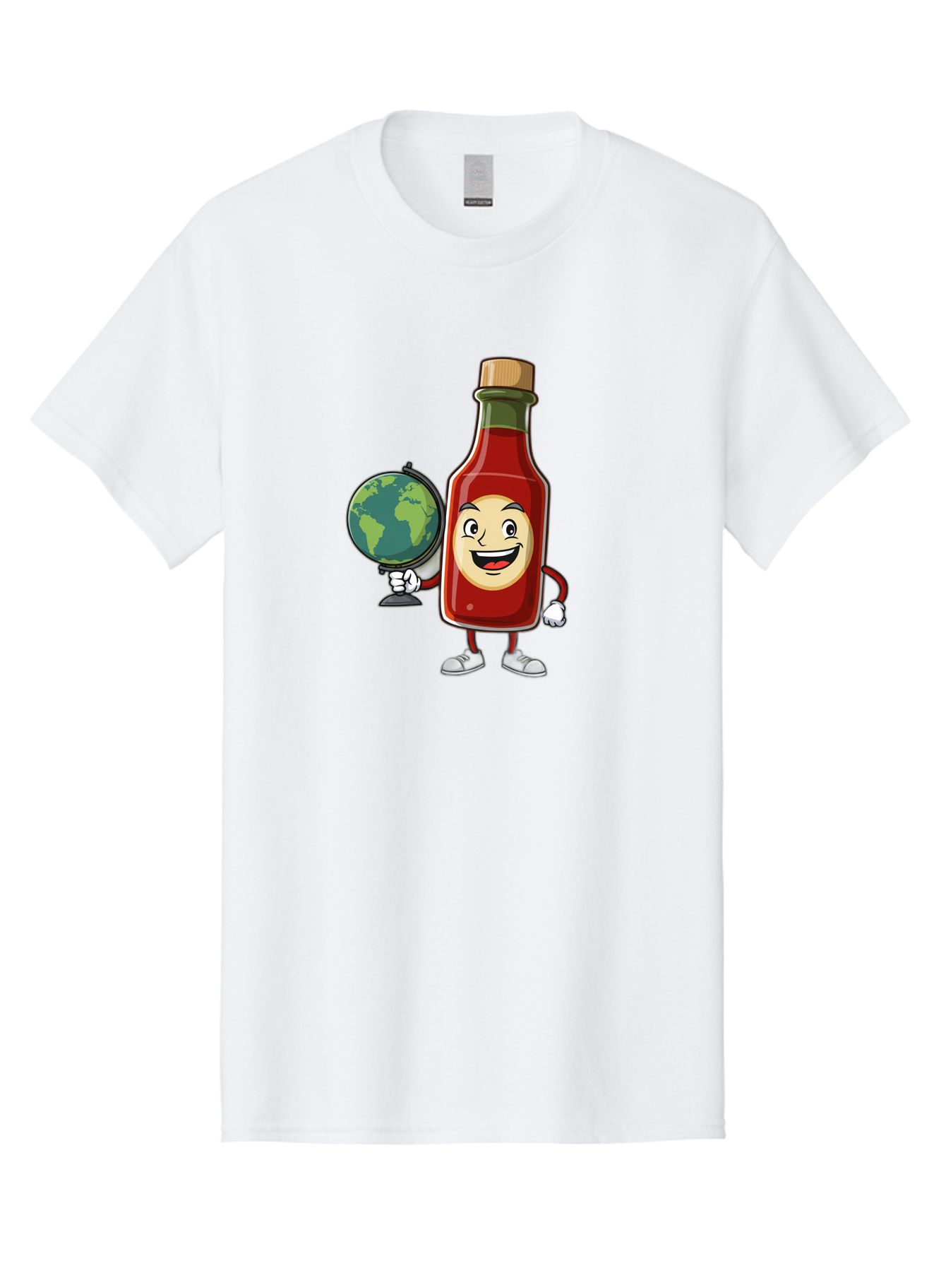 Hot-Sauce-Bottle-3 Men'S Graphic Tee, 100% Cotton, Comfortable Casual Summer Wear, Machine Washable, Hot Sauce Bottle Character, Cartoon Mascot, Smiling Face, Globe, Spicy Food, Condiment, Foodie Culture, Cartoon Style, Funny Illustration Baa827