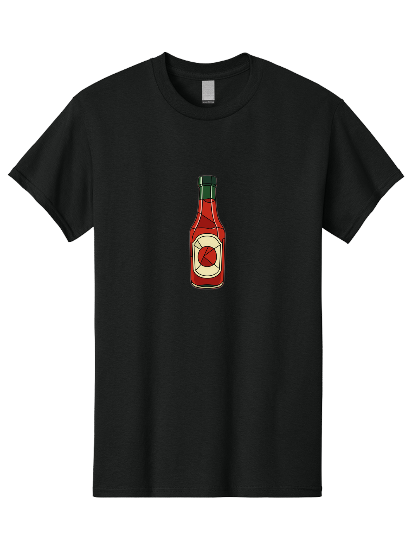 Hot-Sauce-Bottle-5 Men'S Graphic Tee, 100% Cotton, Comfortable Casual Summer Wear, Machine Washable, Hot Sauce Bottle, Spicy Condiment, Red Liquid, Black Cap, Geometric Design, Minimalist Illustration, Cartoon Style, Food Seasoning Baa829