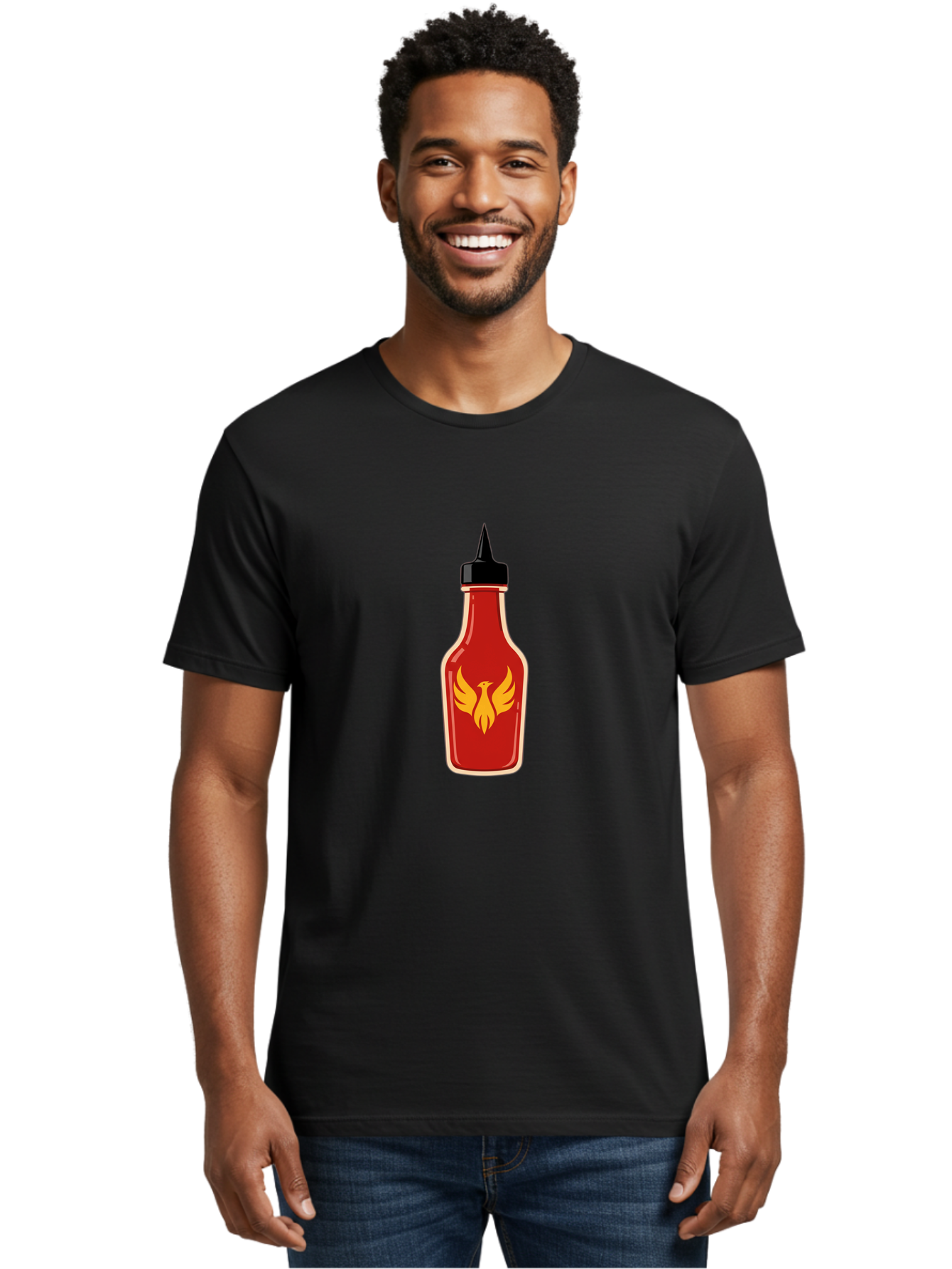 Hot-Sauce-Bottle-7 Men'S Graphic Tee, 100% Cotton, Comfortable Casual Summer Wear, Machine Washable, Hot Sauce Bottle, Red Sauce, Black Cap, Yellow Bird Logo, Wings Outstretched, Fiery Design, Spicy Condiment, Food Seasoning, Culinary Art Baa831