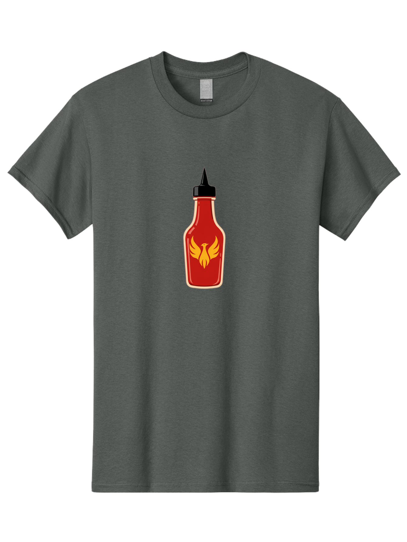 Hot-Sauce-Bottle-7 Men'S Graphic Tee, 100% Cotton, Comfortable Casual Summer Wear, Machine Washable, Hot Sauce Bottle, Red Sauce, Black Cap, Yellow Bird Logo, Wings Outstretched, Fiery Design, Spicy Condiment, Food Seasoning, Culinary Art Baa831