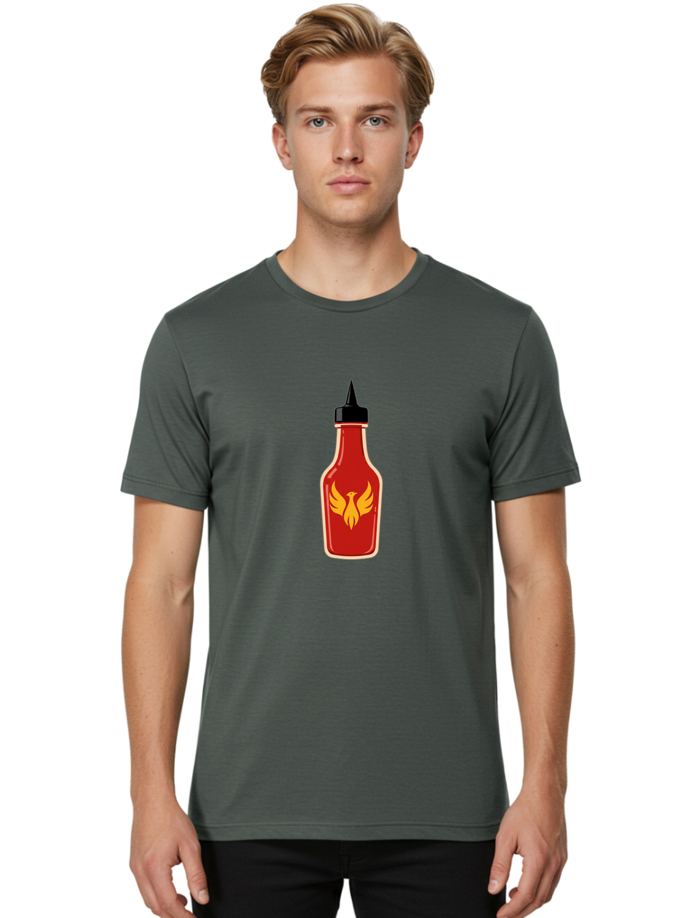 Hot-Sauce-Bottle-7 Men'S Graphic Tee, 100% Cotton, Comfortable Casual Summer Wear, Machine Washable, Hot Sauce Bottle, Red Sauce, Black Cap, Yellow Bird Logo, Wings Outstretched, Fiery Design, Spicy Condiment, Food Seasoning, Culinary Art Baa831