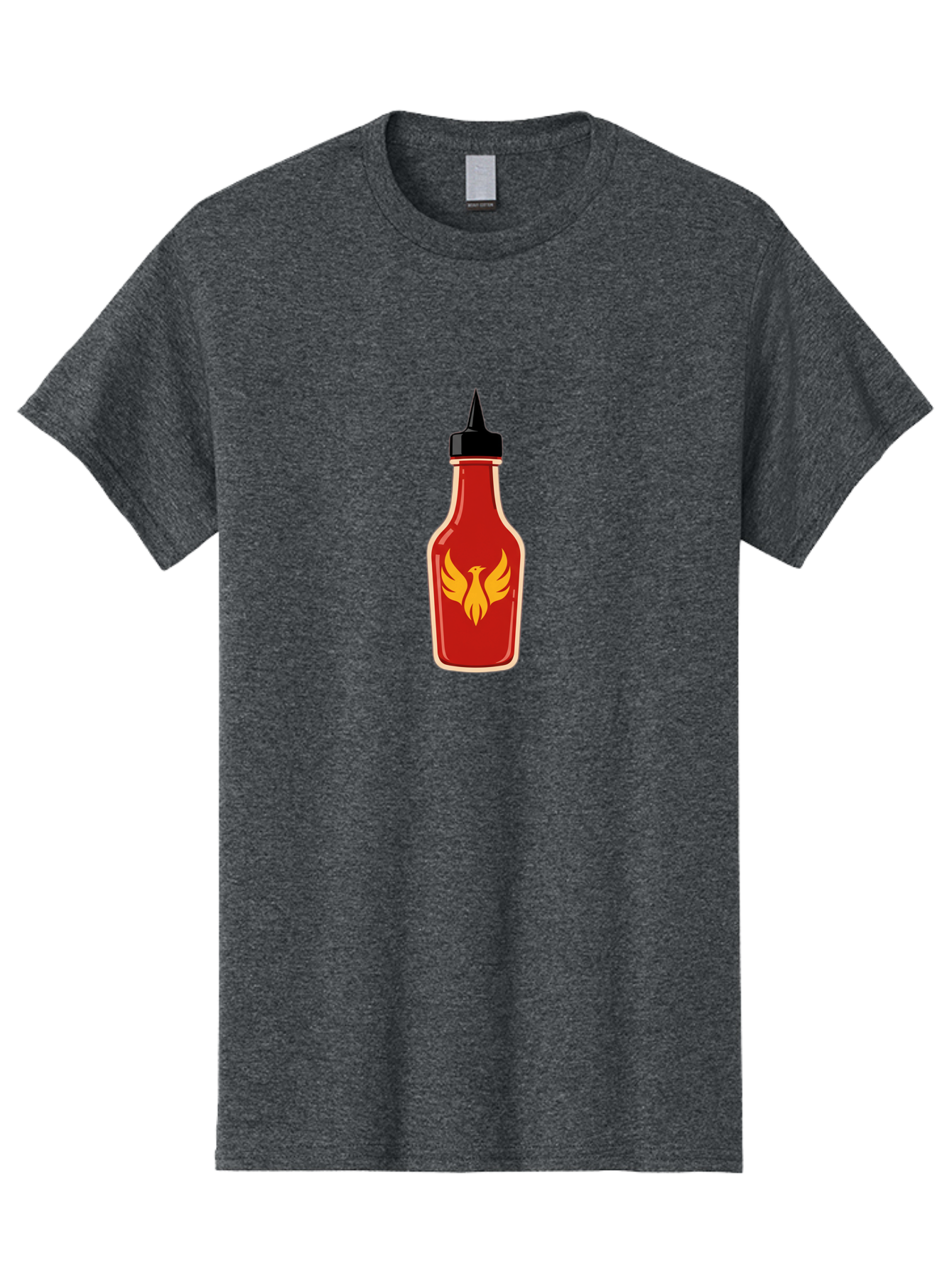 Hot-Sauce-Bottle-7 Men'S Graphic Tee, 100% Cotton, Comfortable Casual Summer Wear, Machine Washable, Hot Sauce Bottle, Red Sauce, Black Cap, Yellow Bird Logo, Wings Outstretched, Fiery Design, Spicy Condiment, Food Seasoning, Culinary Art Baa831