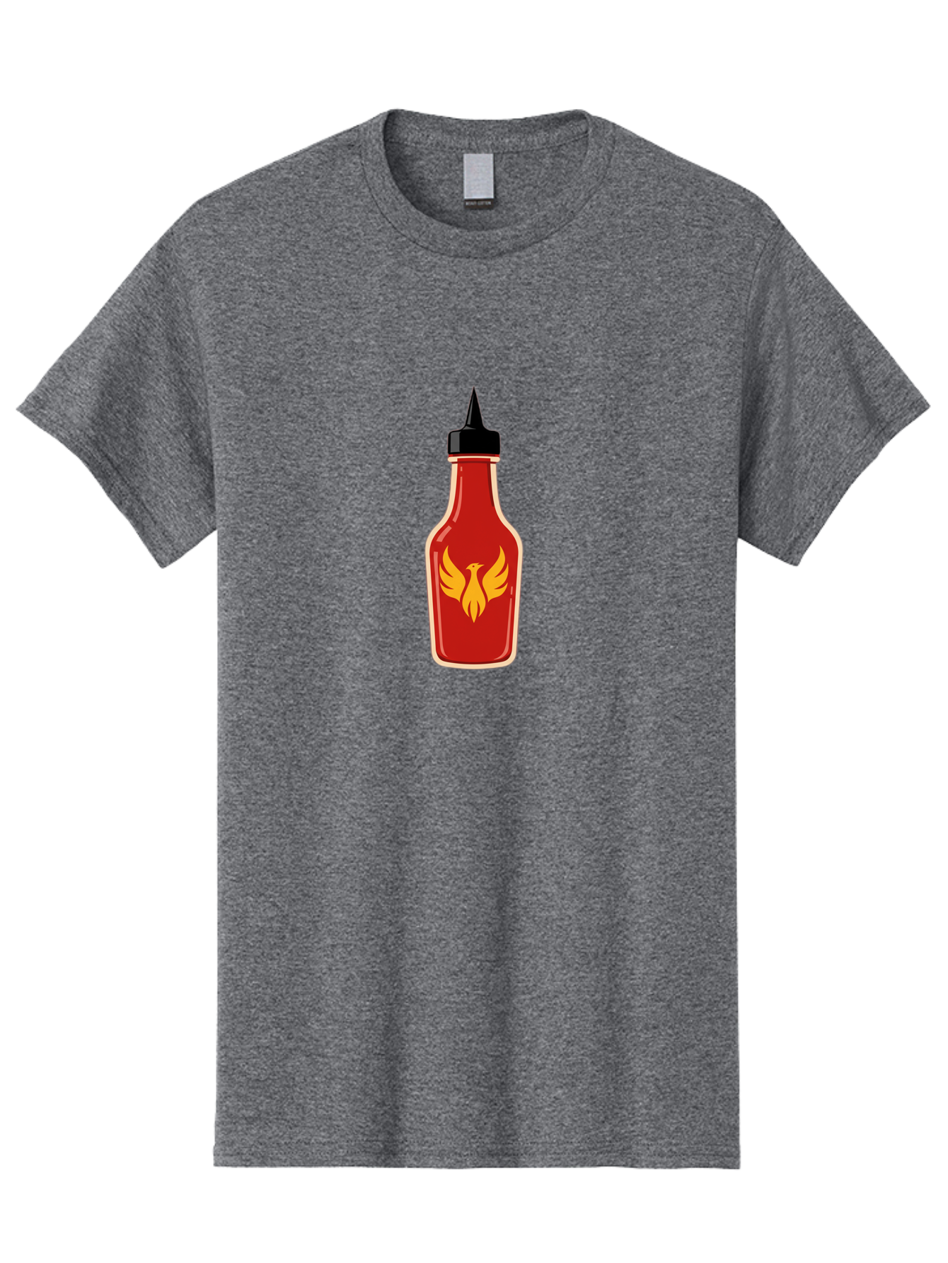 Hot-Sauce-Bottle-7 Men'S Graphic Tee, 100% Cotton, Comfortable Casual Summer Wear, Machine Washable, Hot Sauce Bottle, Red Sauce, Black Cap, Yellow Bird Logo, Wings Outstretched, Fiery Design, Spicy Condiment, Food Seasoning, Culinary Art Baa831