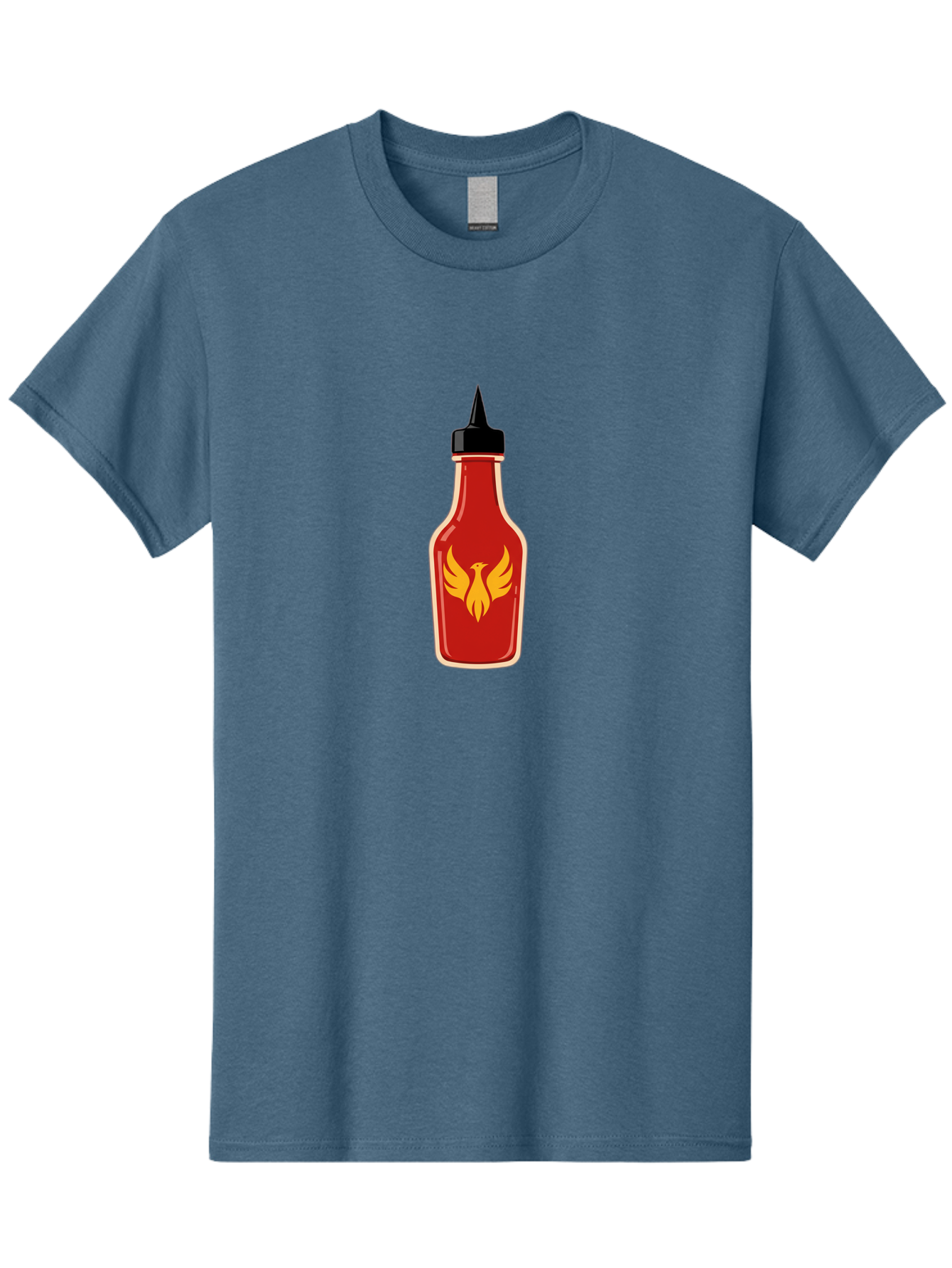 Hot-Sauce-Bottle-7 Men'S Graphic Tee, 100% Cotton, Comfortable Casual Summer Wear, Machine Washable, Hot Sauce Bottle, Red Sauce, Black Cap, Yellow Bird Logo, Wings Outstretched, Fiery Design, Spicy Condiment, Food Seasoning, Culinary Art Baa831