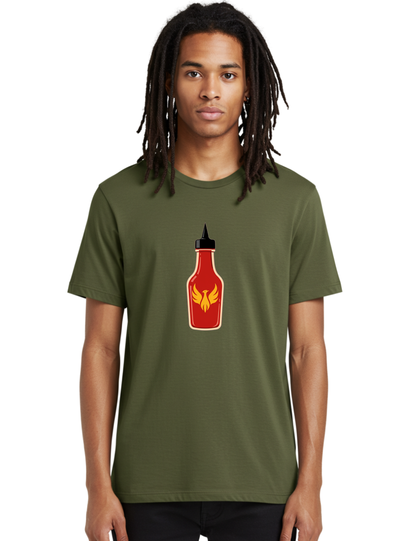 Hot-Sauce-Bottle-7 Men'S Graphic Tee, 100% Cotton, Comfortable Casual Summer Wear, Machine Washable, Hot Sauce Bottle, Red Sauce, Black Cap, Yellow Bird Logo, Wings Outstretched, Fiery Design, Spicy Condiment, Food Seasoning, Culinary Art Baa831