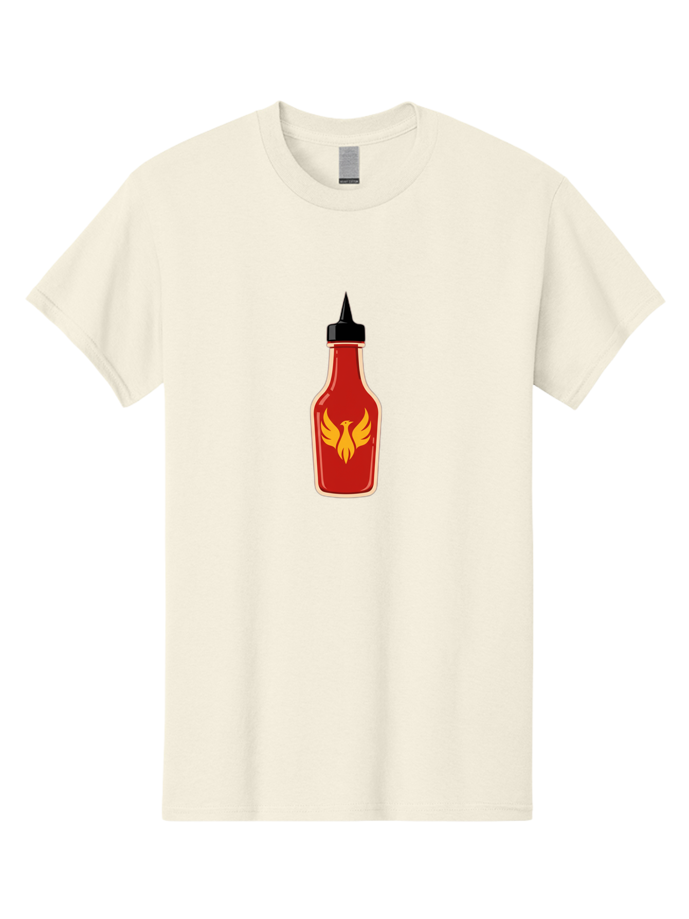 Hot-Sauce-Bottle-7 Men'S Graphic Tee, 100% Cotton, Comfortable Casual Summer Wear, Machine Washable, Hot Sauce Bottle, Red Sauce, Black Cap, Yellow Bird Logo, Wings Outstretched, Fiery Design, Spicy Condiment, Food Seasoning, Culinary Art Baa831