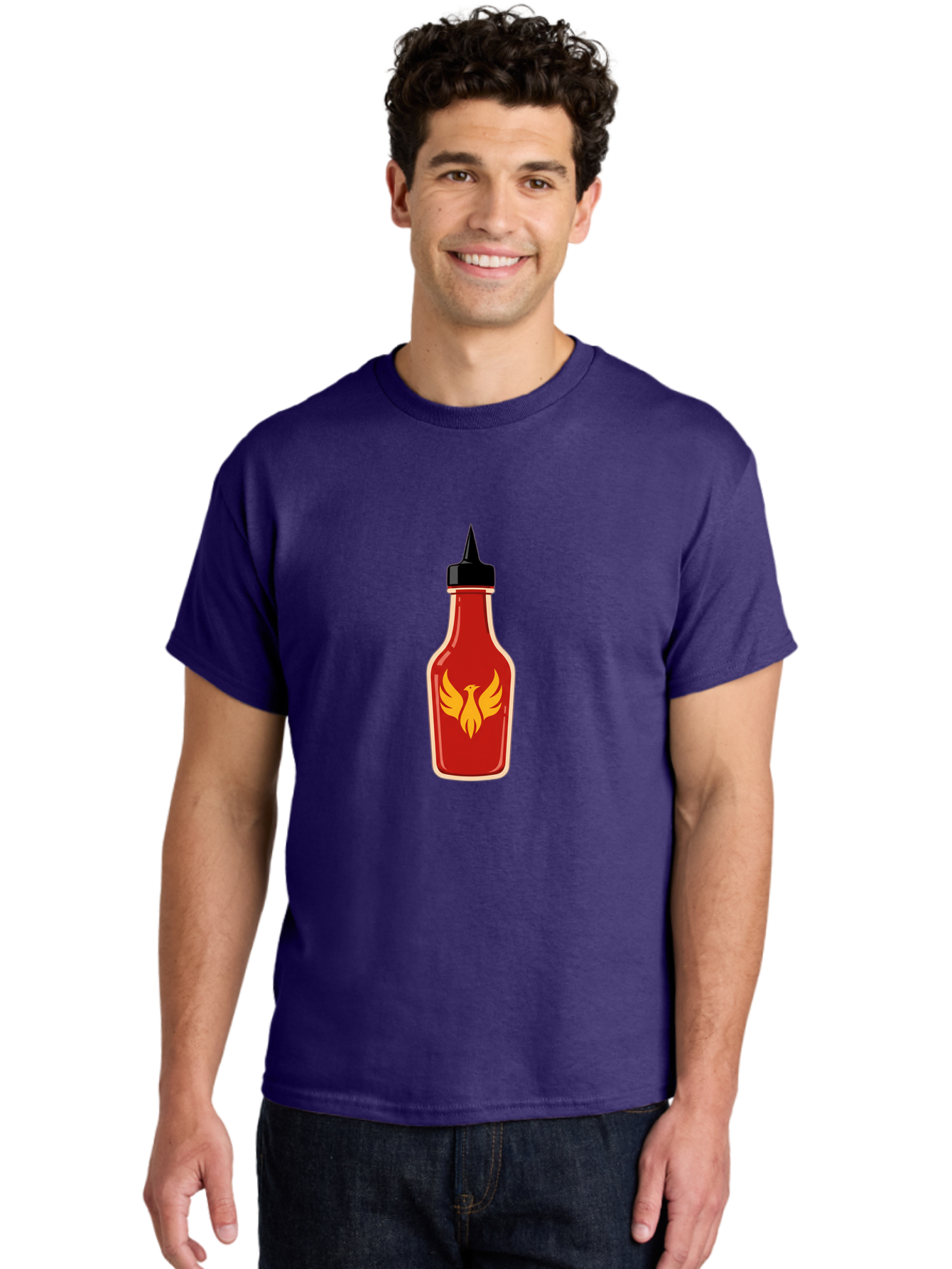 Hot-Sauce-Bottle-7 Men'S Graphic Tee, 100% Cotton, Comfortable Casual Summer Wear, Machine Washable, Hot Sauce Bottle, Red Sauce, Black Cap, Yellow Bird Logo, Wings Outstretched, Fiery Design, Spicy Condiment, Food Seasoning, Culinary Art Baa831