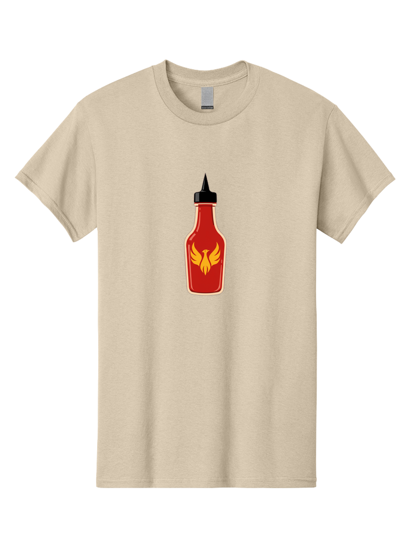 Hot-Sauce-Bottle-7 Men'S Graphic Tee, 100% Cotton, Comfortable Casual Summer Wear, Machine Washable, Hot Sauce Bottle, Red Sauce, Black Cap, Yellow Bird Logo, Wings Outstretched, Fiery Design, Spicy Condiment, Food Seasoning, Culinary Art Baa831