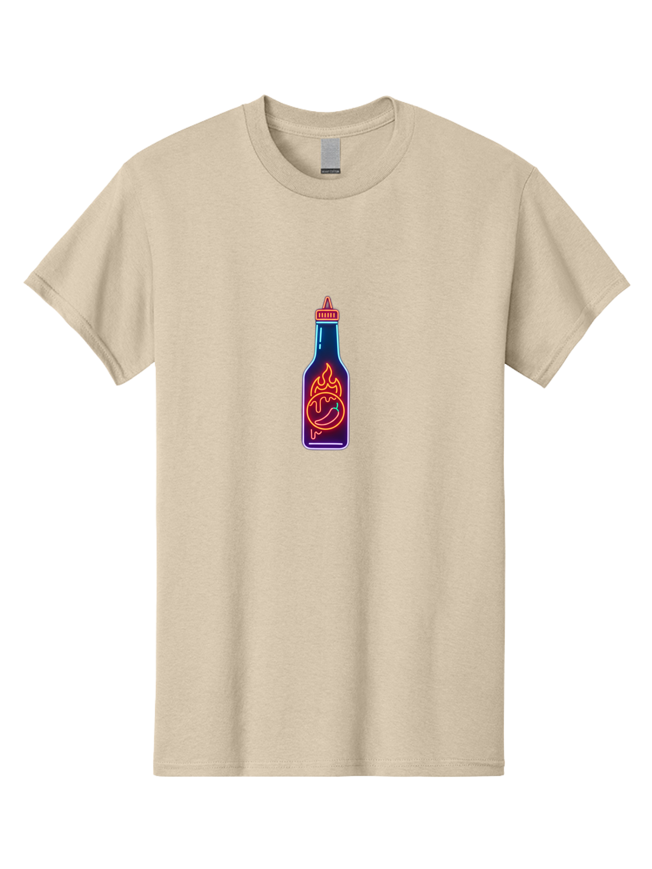 Hot-Sauce-Bottle-8 Men'S Graphic Tee, 100% Cotton, Comfortable Casual Summer Wear, Machine Washable, Hot Sauce Bottle, Spicy Condiment, Chili Pepper, Hot Sauce, Spicy Food, Cooking Ingredient, Cartoon Graphic, Vibrant Design, Neon Outline, Baa832