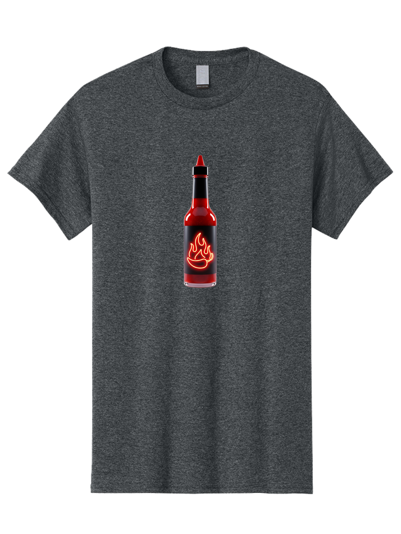 Hot-Sauce-Bottle-9 Men'S Graphic Tee, 100% Cotton, Comfortable Casual Summer Wear, Machine Washable, Hot Sauce, Spicy Condiment, Chili Peppers, Fiery Flavor, Red Sauce, Bottle With Pointed Cap, Neon Flame Design, Black Label Baa833