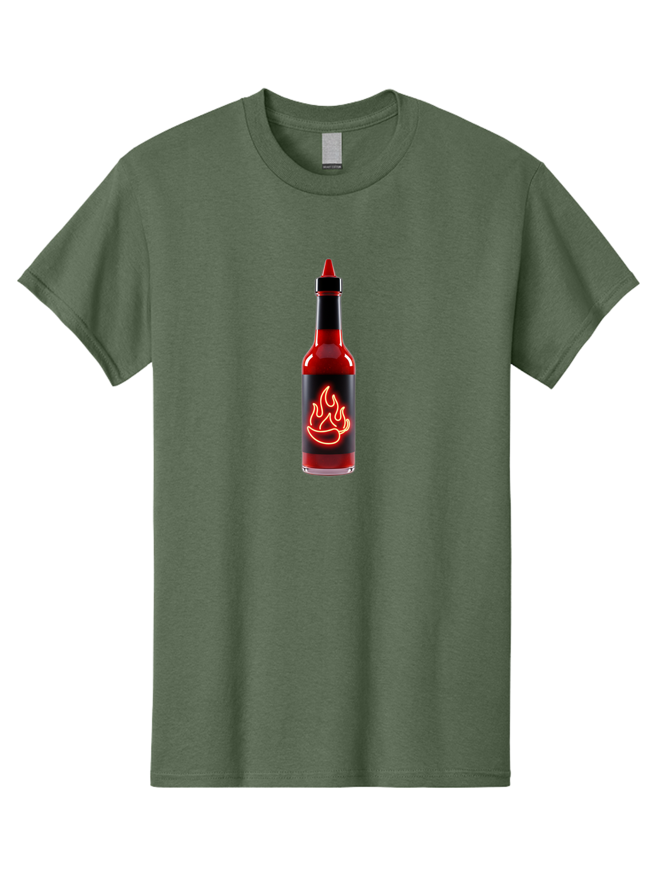 Hot-Sauce-Bottle-9 Men'S Graphic Tee, 100% Cotton, Comfortable Casual Summer Wear, Machine Washable, Hot Sauce, Spicy Condiment, Chili Peppers, Fiery Flavor, Red Sauce, Bottle With Pointed Cap, Neon Flame Design, Black Label Baa833