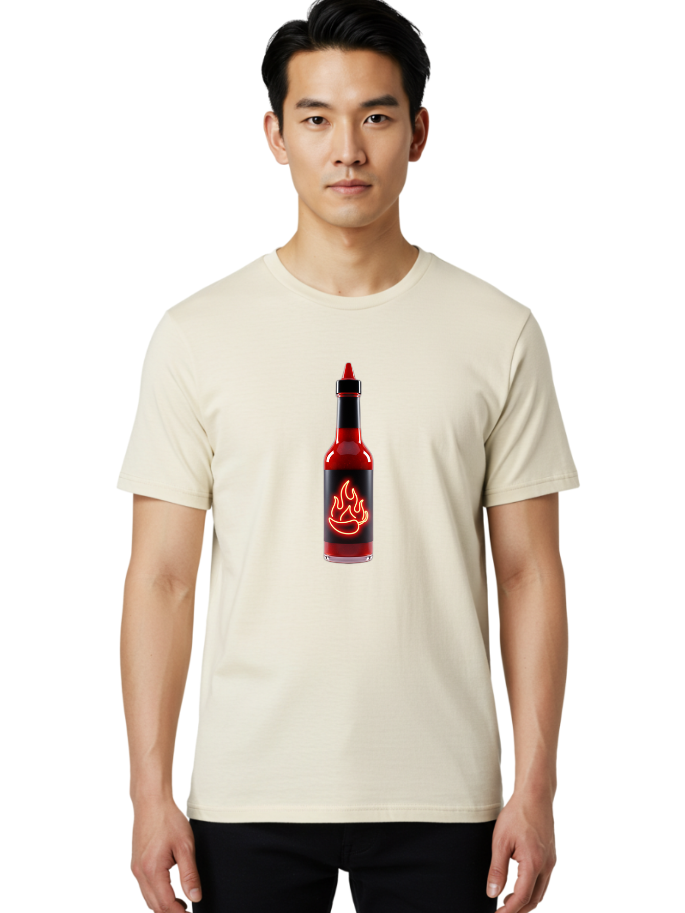 Hot-Sauce-Bottle-9 Men'S Graphic Tee, 100% Cotton, Comfortable Casual Summer Wear, Machine Washable, Hot Sauce, Spicy Condiment, Chili Peppers, Fiery Flavor, Red Sauce, Bottle With Pointed Cap, Neon Flame Design, Black Label Baa833