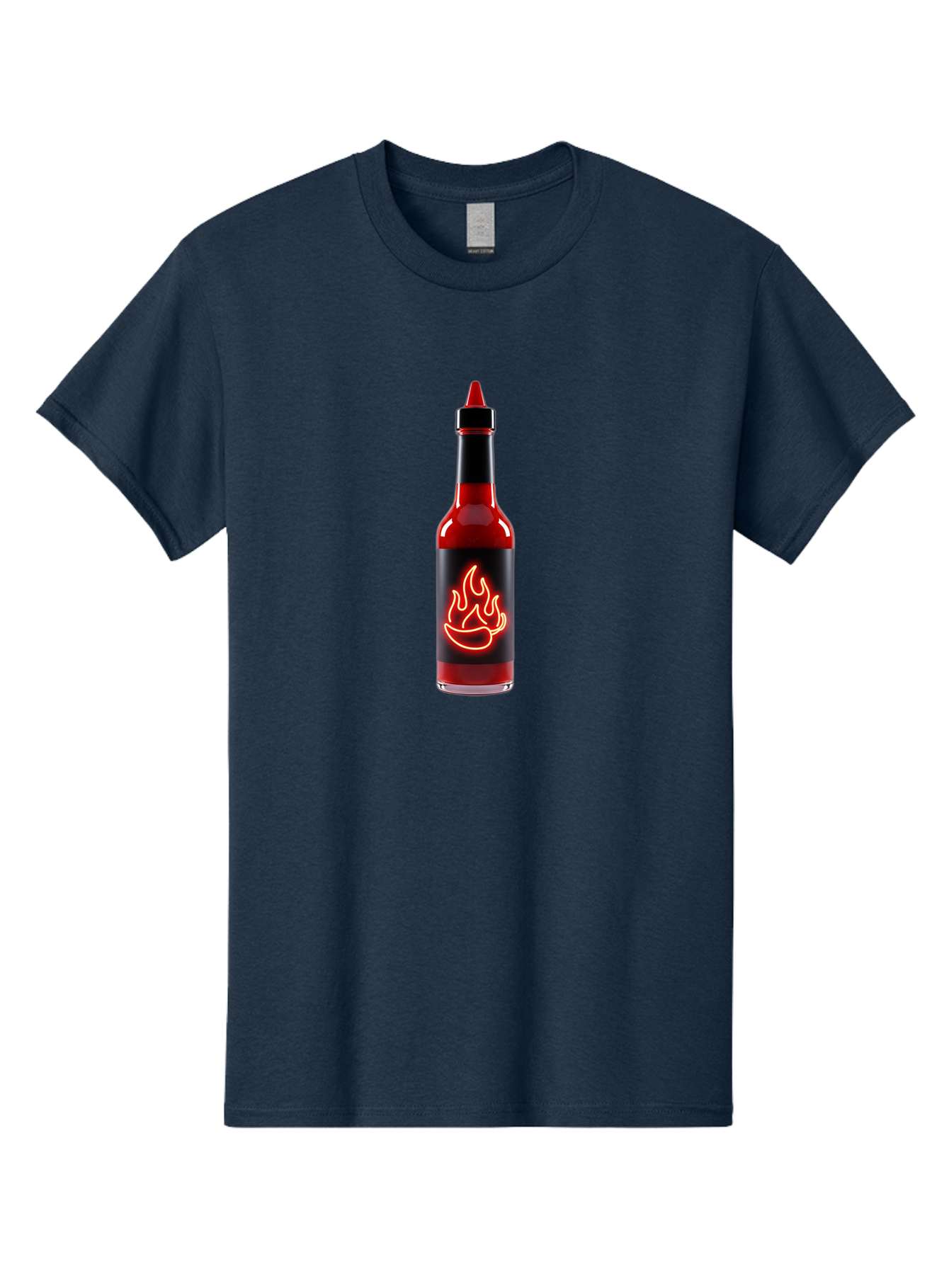 Hot-Sauce-Bottle-9 Men'S Graphic Tee, 100% Cotton, Comfortable Casual Summer Wear, Machine Washable, Hot Sauce, Spicy Condiment, Chili Peppers, Fiery Flavor, Red Sauce, Bottle With Pointed Cap, Neon Flame Design, Black Label Baa833