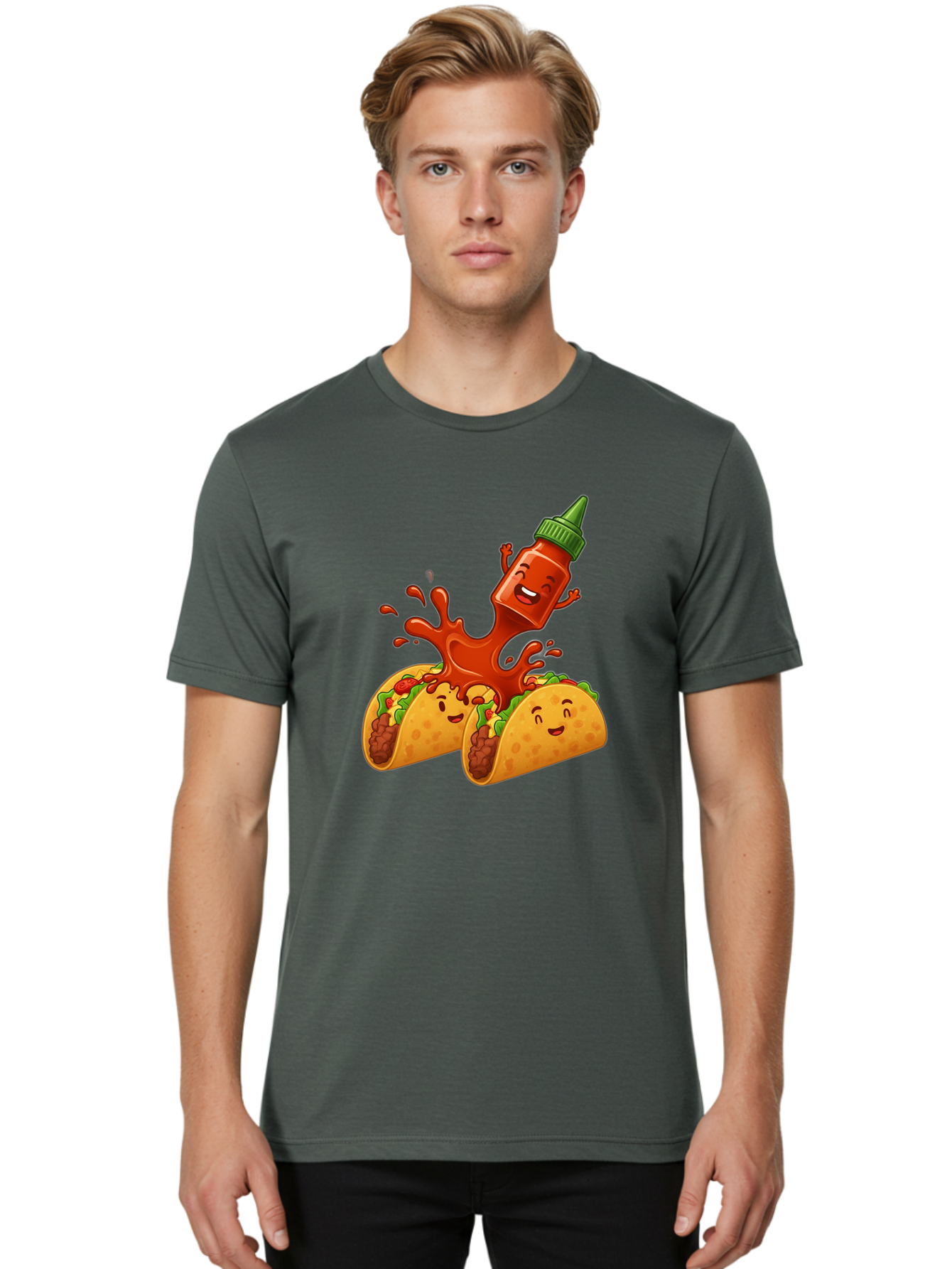 Hot-Sauce-Bottle-And-Tacos Men'S Graphic Tee, 100% Cotton, Comfortable Casual Summer Wear, Machine Washable, Hot Sauce, Ketchup Bottle Character, Cartoon Tacos, Spiky Green Cap, Happy And Playful, Drippy Splatter, Meaty And Leafy Taco Filling, Baa834