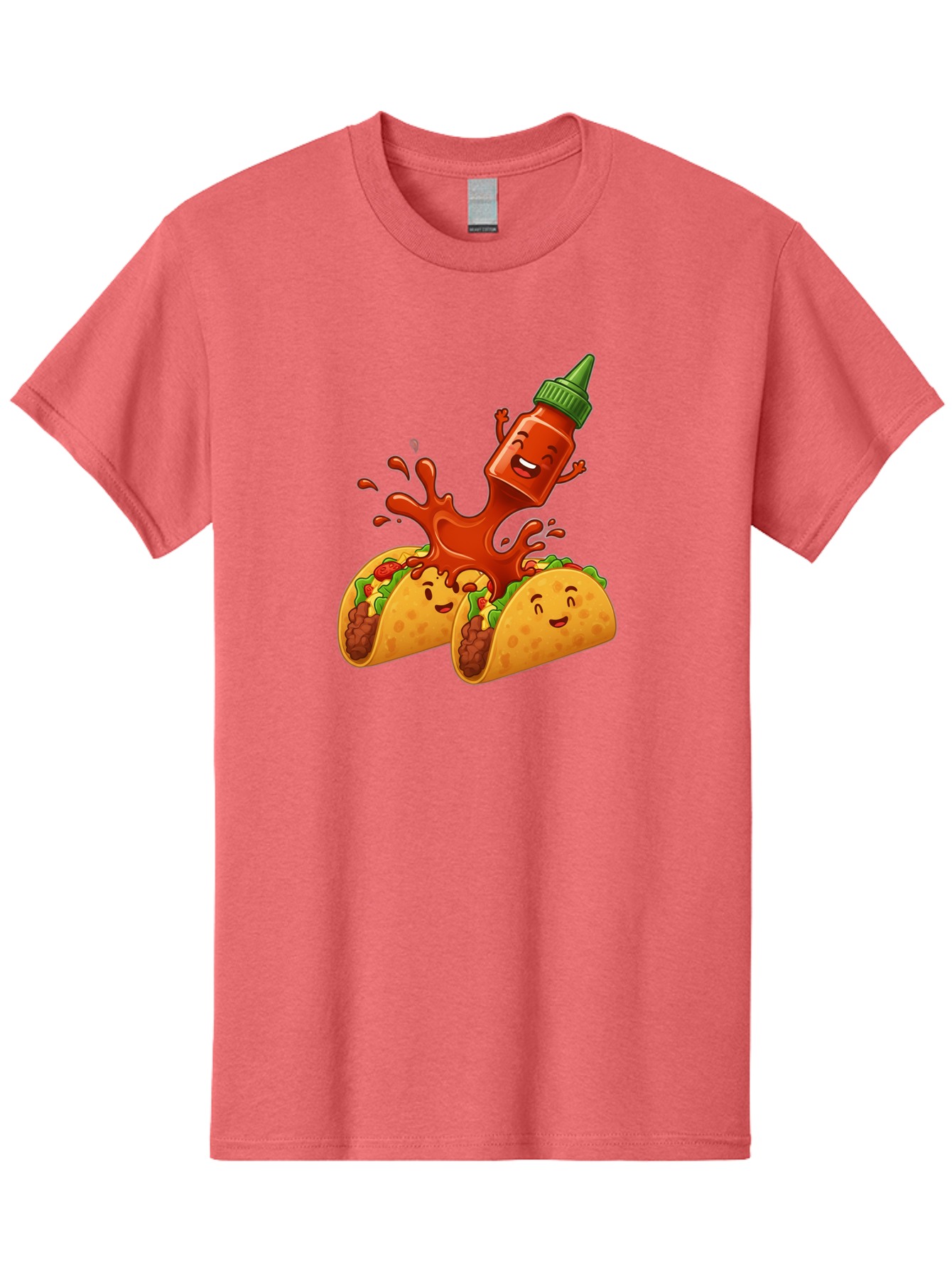 Hot-Sauce-Bottle-And-Tacos Men'S Graphic Tee, 100% Cotton, Comfortable Casual Summer Wear, Machine Washable, Hot Sauce, Ketchup Bottle Character, Cartoon Tacos, Spiky Green Cap, Happy And Playful, Drippy Splatter, Meaty And Leafy Taco Filling, Baa834