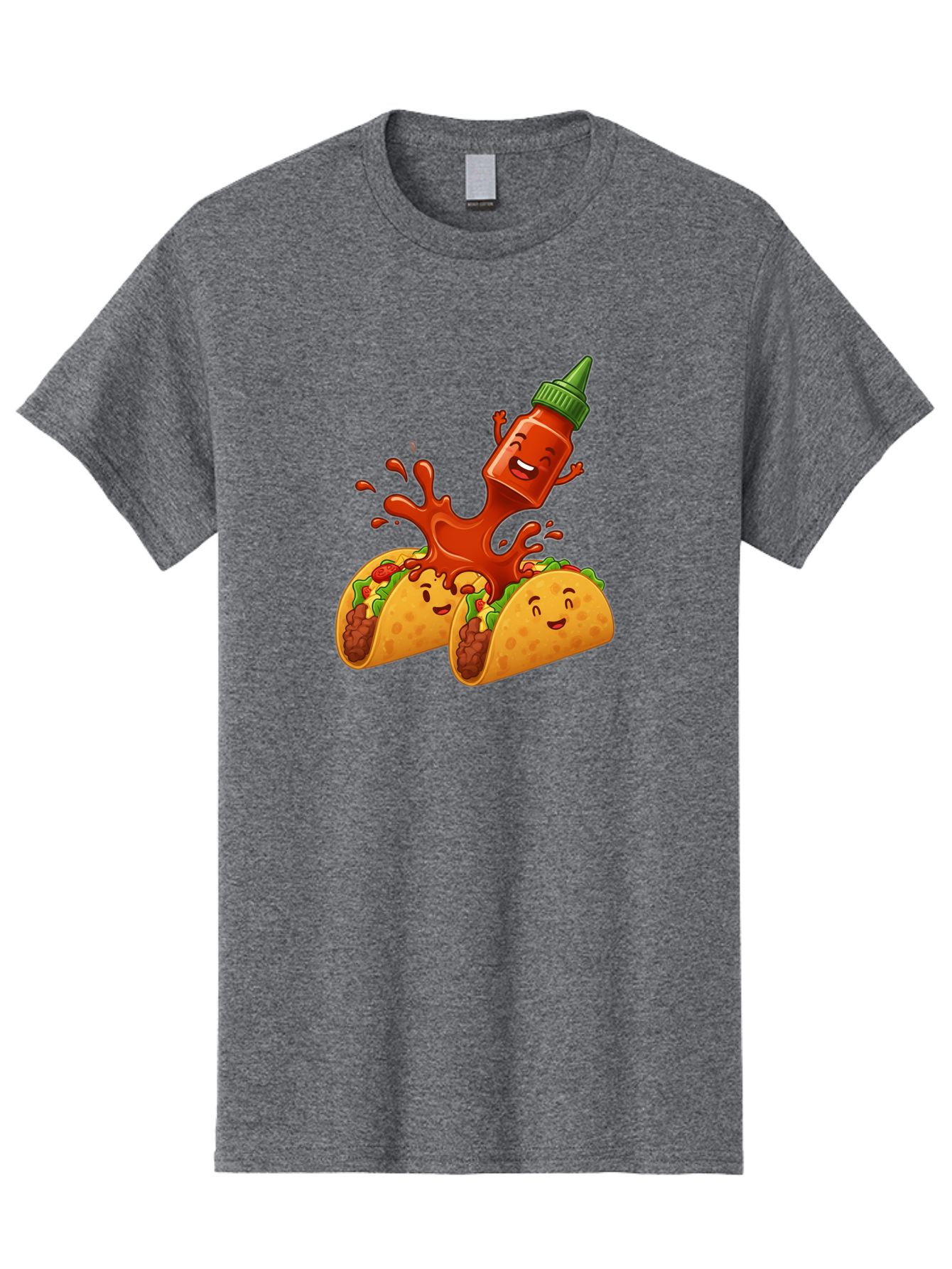 Hot-Sauce-Bottle-And-Tacos Men'S Graphic Tee, 100% Cotton, Comfortable Casual Summer Wear, Machine Washable, Hot Sauce, Ketchup Bottle Character, Cartoon Tacos, Spiky Green Cap, Happy And Playful, Drippy Splatter, Meaty And Leafy Taco Filling, Baa834