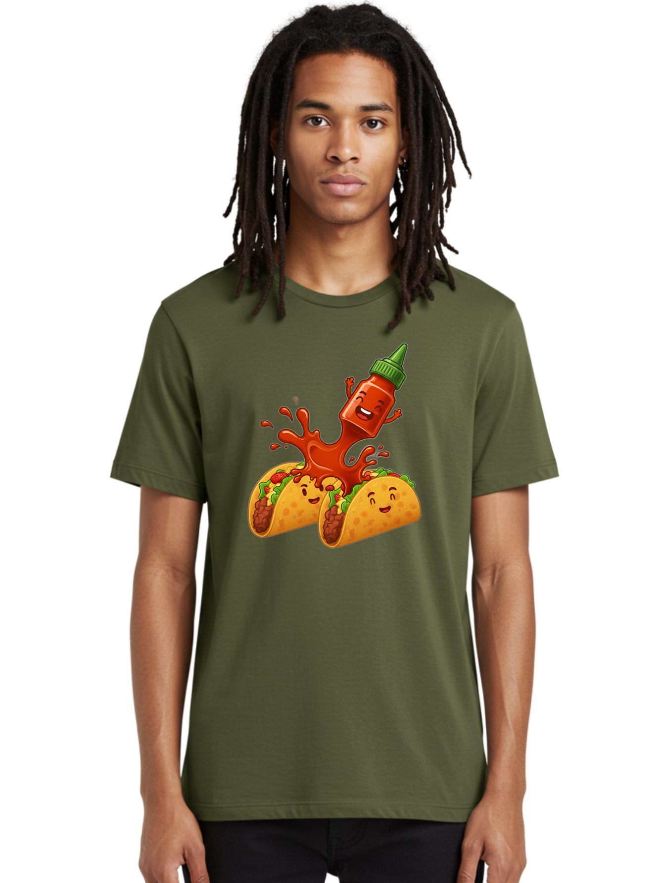 Hot-Sauce-Bottle-And-Tacos Men'S Graphic Tee, 100% Cotton, Comfortable Casual Summer Wear, Machine Washable, Hot Sauce, Ketchup Bottle Character, Cartoon Tacos, Spiky Green Cap, Happy And Playful, Drippy Splatter, Meaty And Leafy Taco Filling, Baa834
