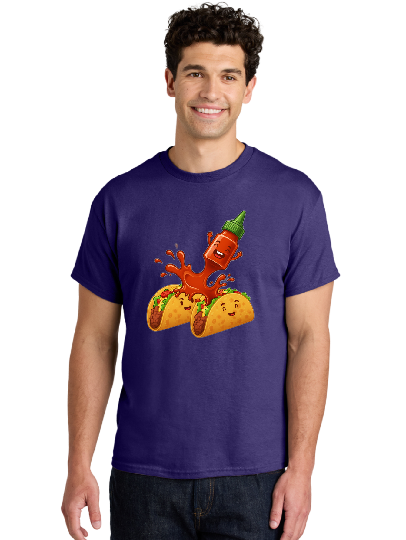 Hot-Sauce-Bottle-And-Tacos Men'S Graphic Tee, 100% Cotton, Comfortable Casual Summer Wear, Machine Washable, Hot Sauce, Ketchup Bottle Character, Cartoon Tacos, Spiky Green Cap, Happy And Playful, Drippy Splatter, Meaty And Leafy Taco Filling, Baa834