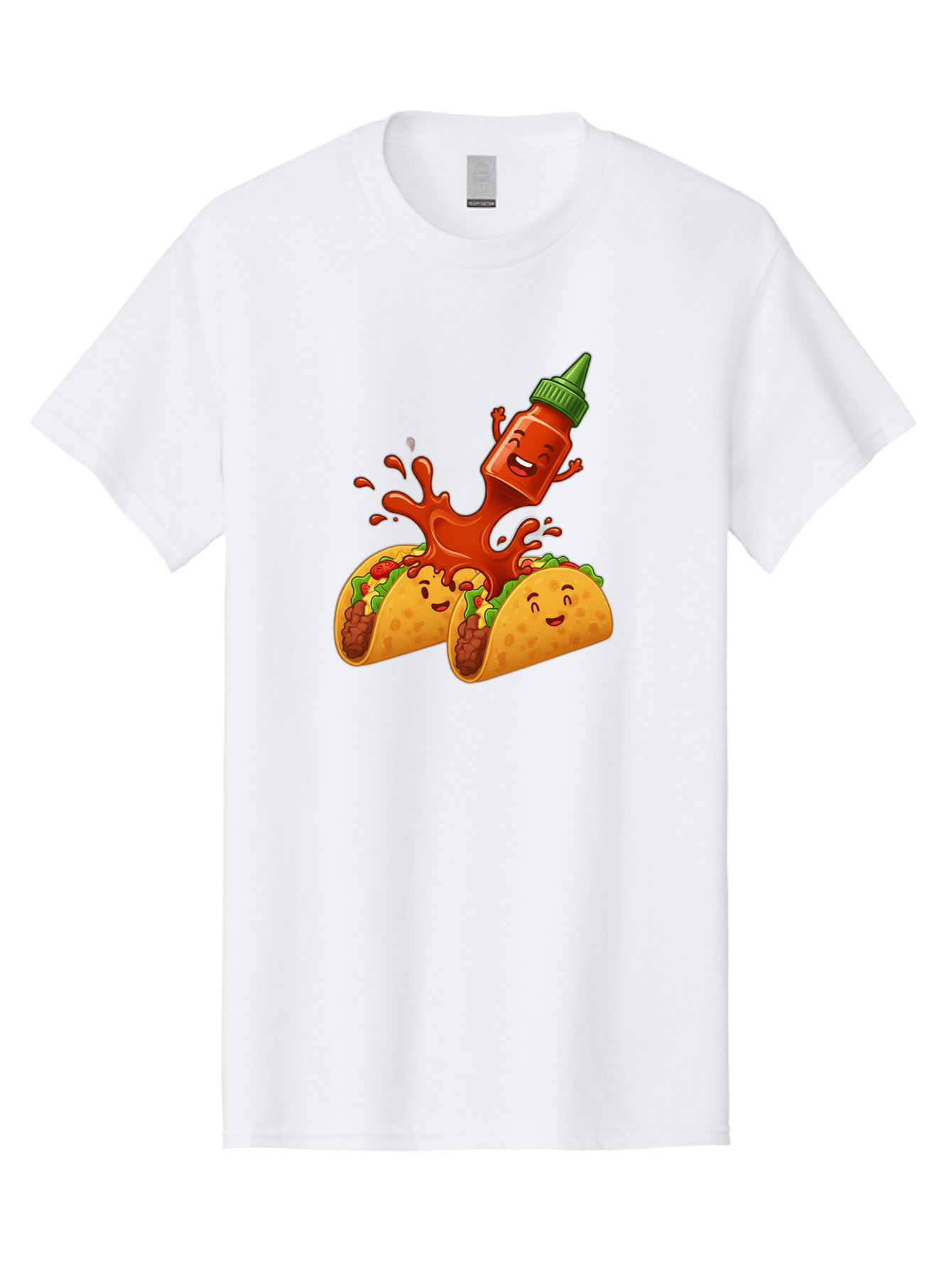 Hot-Sauce-Bottle-And-Tacos Men'S Graphic Tee, 100% Cotton, Comfortable Casual Summer Wear, Machine Washable, Hot Sauce, Ketchup Bottle Character, Cartoon Tacos, Spiky Green Cap, Happy And Playful, Drippy Splatter, Meaty And Leafy Taco Filling, Baa834