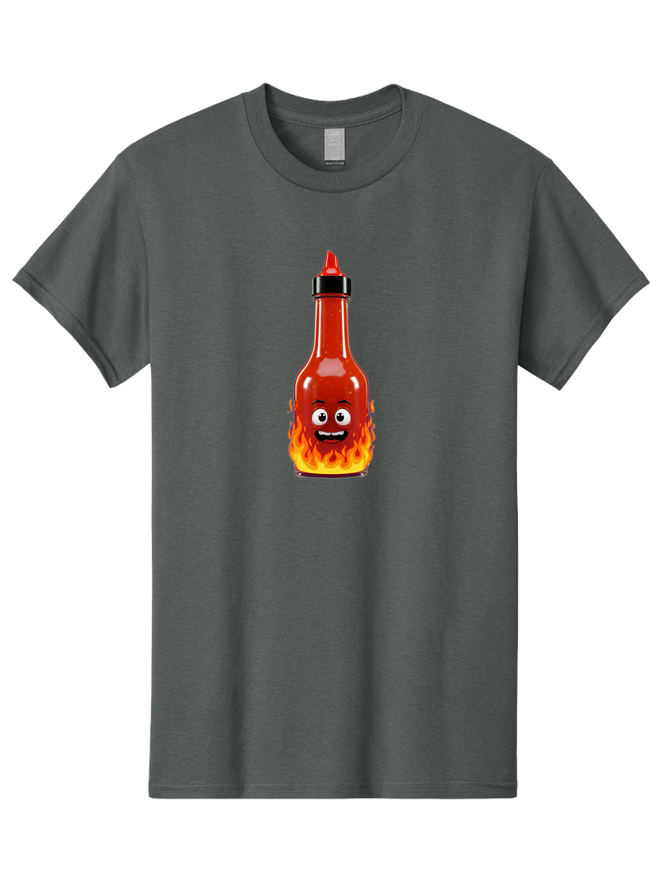 Hot-Sauce-Bottle Men'S Graphic Tee, 100% Cotton, Comfortable Casual Summer Wear, Machine Washable, Hot Sauce Bottle, Cartoon Character, Happy Face, Flames, Spicy Food, Condiment, Cartoon Illustration, Vibrant Colors, Playful Design, Baa835
