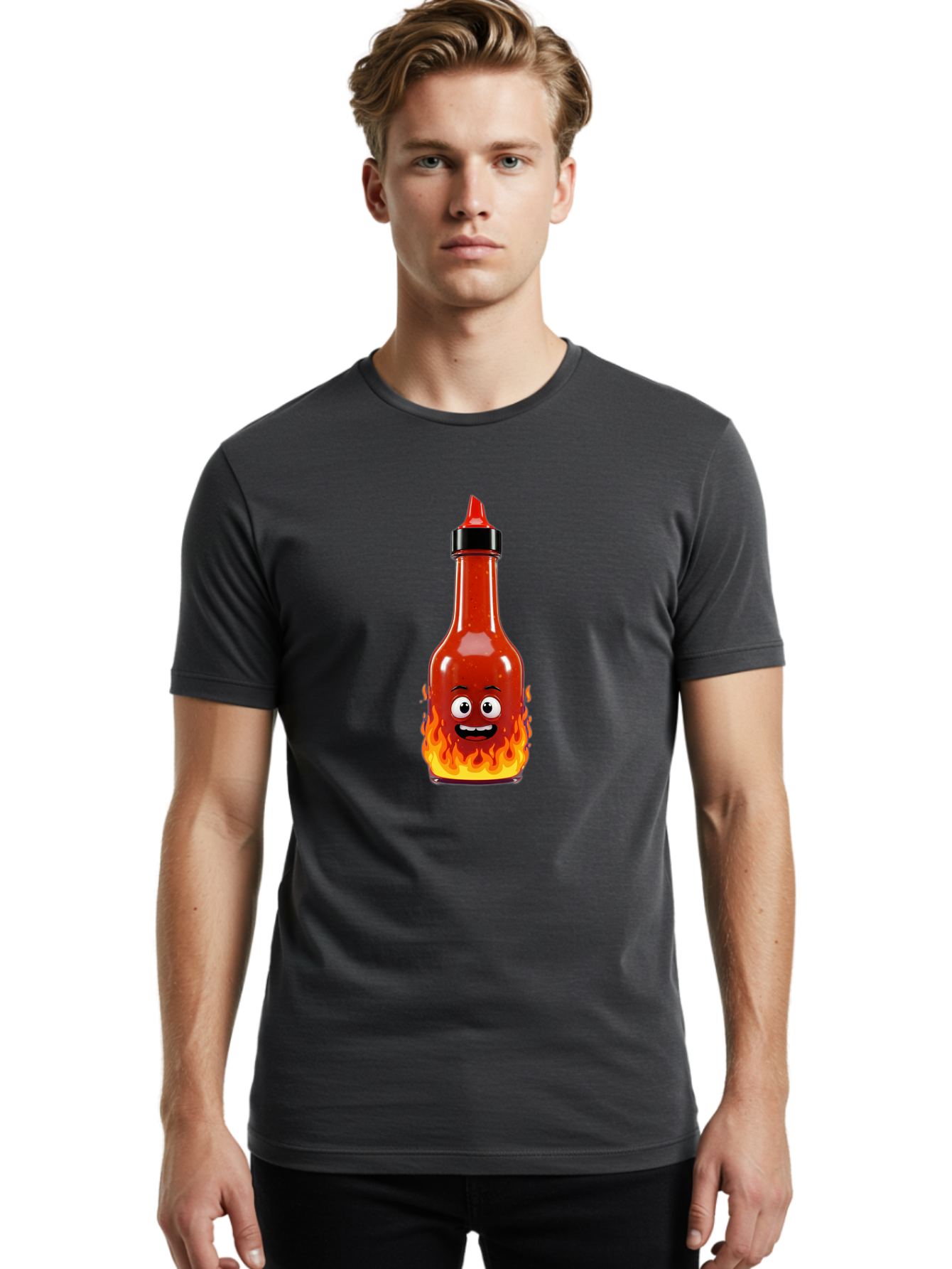 Hot-Sauce-Bottle Men'S Graphic Tee, 100% Cotton, Comfortable Casual Summer Wear, Machine Washable, Hot Sauce Bottle, Cartoon Character, Happy Face, Flames, Spicy Food, Condiment, Cartoon Illustration, Vibrant Colors, Playful Design, Baa835