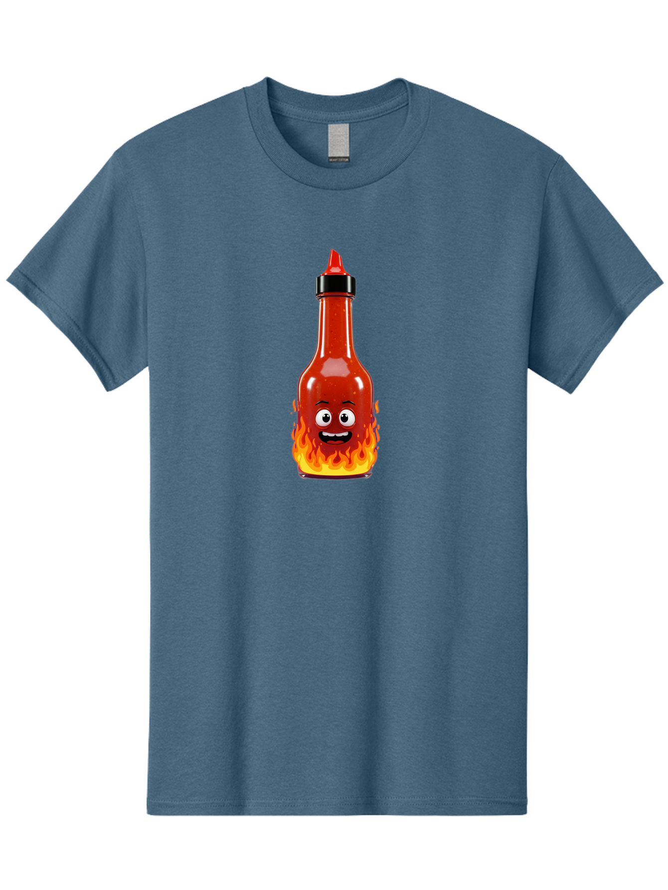Hot-Sauce-Bottle Men'S Graphic Tee, 100% Cotton, Comfortable Casual Summer Wear, Machine Washable, Hot Sauce Bottle, Cartoon Character, Happy Face, Flames, Spicy Food, Condiment, Cartoon Illustration, Vibrant Colors, Playful Design, Baa835