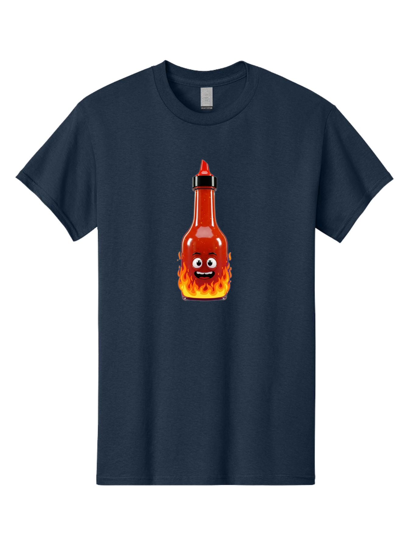 Hot-Sauce-Bottle Men'S Graphic Tee, 100% Cotton, Comfortable Casual Summer Wear, Machine Washable, Hot Sauce Bottle, Cartoon Character, Happy Face, Flames, Spicy Food, Condiment, Cartoon Illustration, Vibrant Colors, Playful Design, Baa835
