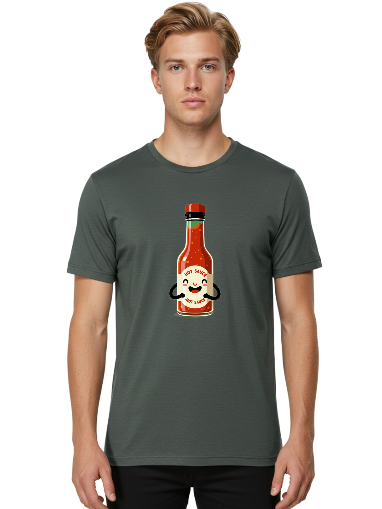 Hot-Sauce Men'S Graphic Tee, 100% Cotton, Comfortable Casual Summer Wear, Machine Washable, Hot Sauce Bottle With A Face, Cartoon Character, Condiment Packaging, Spicy Food, Kawaii Art Style, Playful Design, Sauce Container Baa836