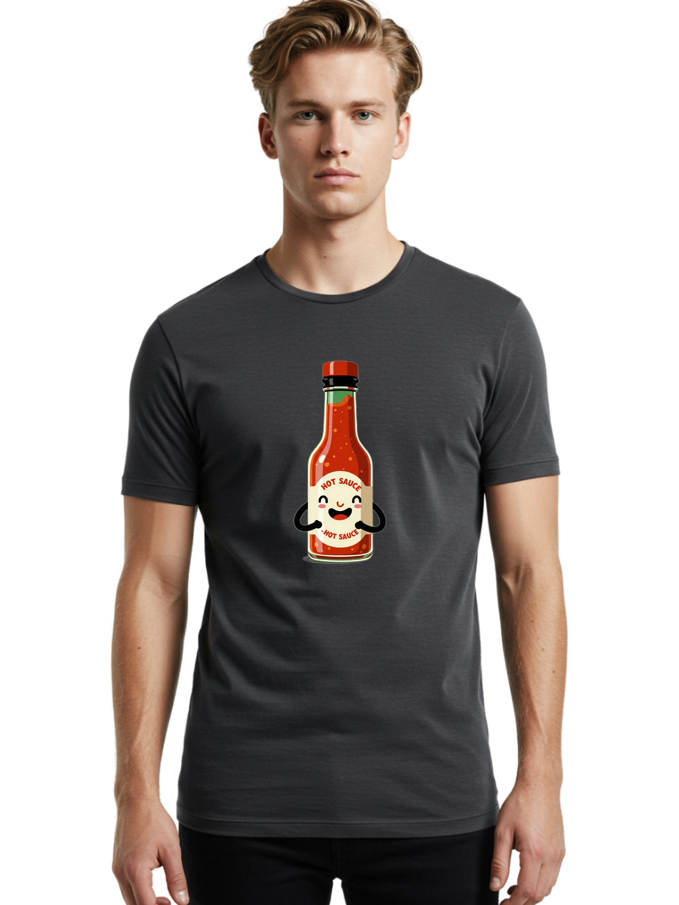 Hot-Sauce Men'S Graphic Tee, 100% Cotton, Comfortable Casual Summer Wear, Machine Washable, Hot Sauce Bottle With A Face, Cartoon Character, Condiment Packaging, Spicy Food, Kawaii Art Style, Playful Design, Sauce Container Baa836