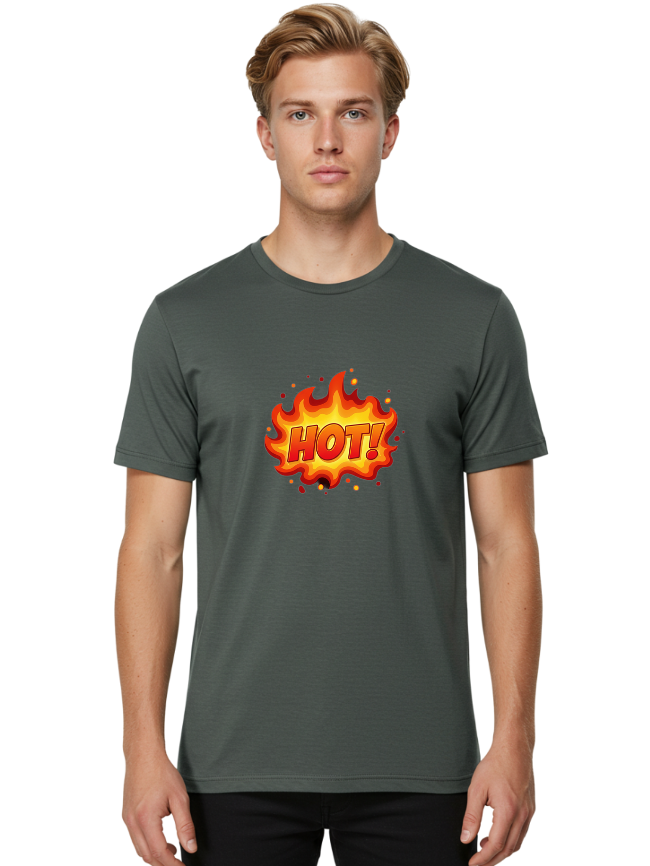 Hot Men'S Graphic Tee, 100% Cotton, Comfortable Casual Summer Wear, Machine Washable, Hot Sale, Flame Graphic, Attention Grabber, Promotional Material, Fiery Text, Bold Font, Red And Yellow Colors, Energetic Vibe, Sizzling Hot Deal Baa838