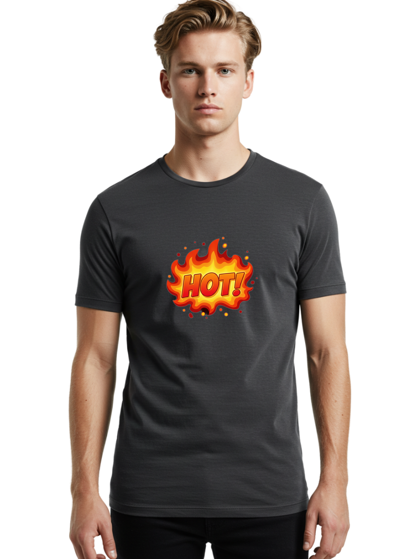 Hot Men'S Graphic Tee, 100% Cotton, Comfortable Casual Summer Wear, Machine Washable, Hot Sale, Flame Graphic, Attention Grabber, Promotional Material, Fiery Text, Bold Font, Red And Yellow Colors, Energetic Vibe, Sizzling Hot Deal Baa838