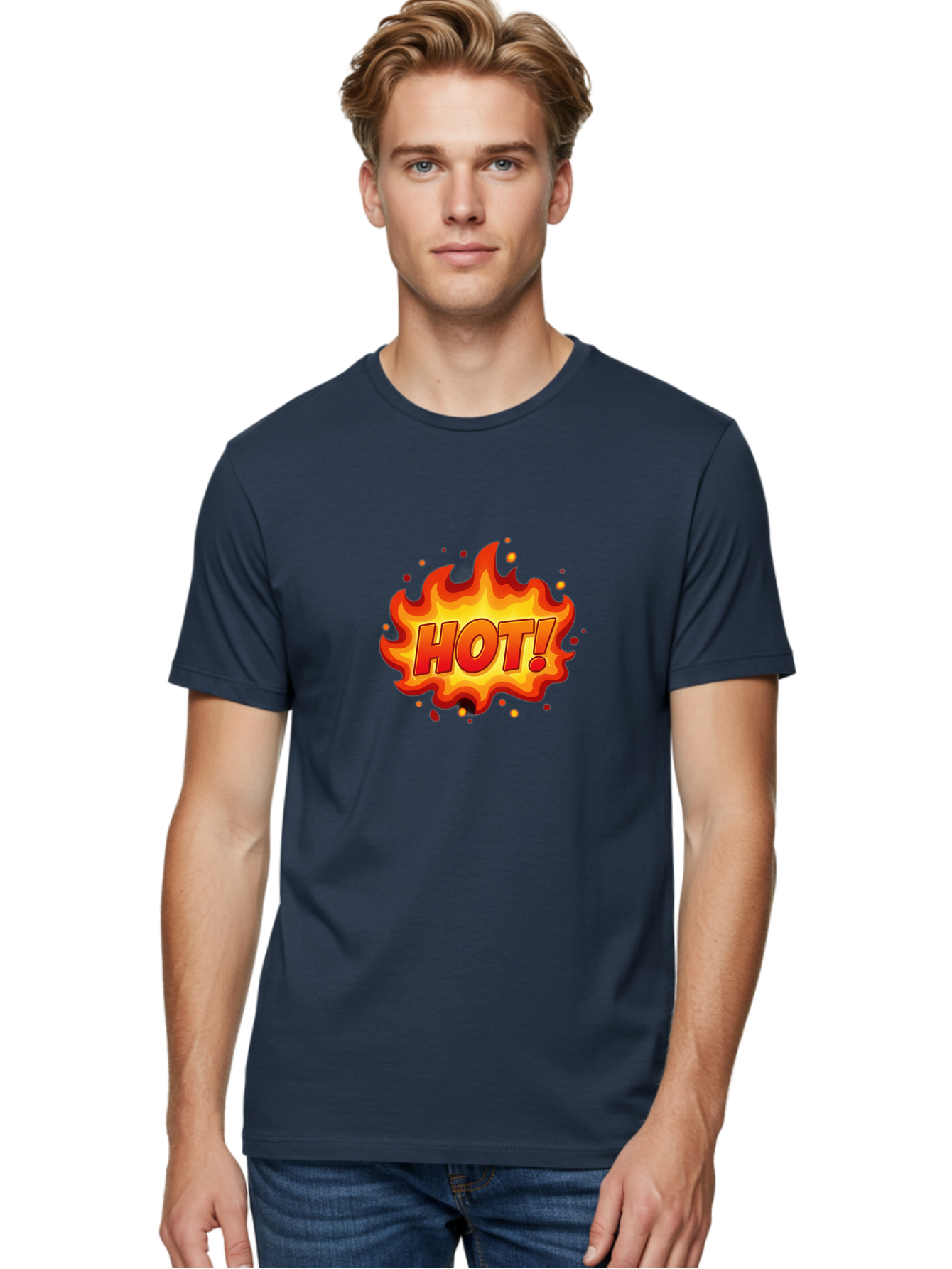 Hot Men'S Graphic Tee, 100% Cotton, Comfortable Casual Summer Wear, Machine Washable, Hot Sale, Flame Graphic, Attention Grabber, Promotional Material, Fiery Text, Bold Font, Red And Yellow Colors, Energetic Vibe, Sizzling Hot Deal Baa838