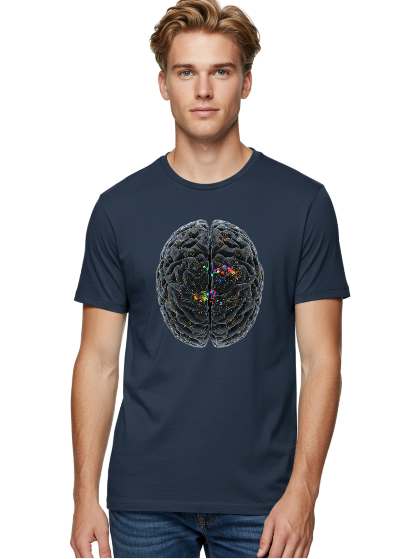 Human-Brain-2 Men'S Graphic Tee, 100% Cotton, Comfortable Casual Summer Wear, Machine Washable, Human Brain Anatomy, Neural Connections, Brain Function, Neuroscience, Cognitive Processes, Colorful Neurons, Synapses, Brain Activity, Baa840
