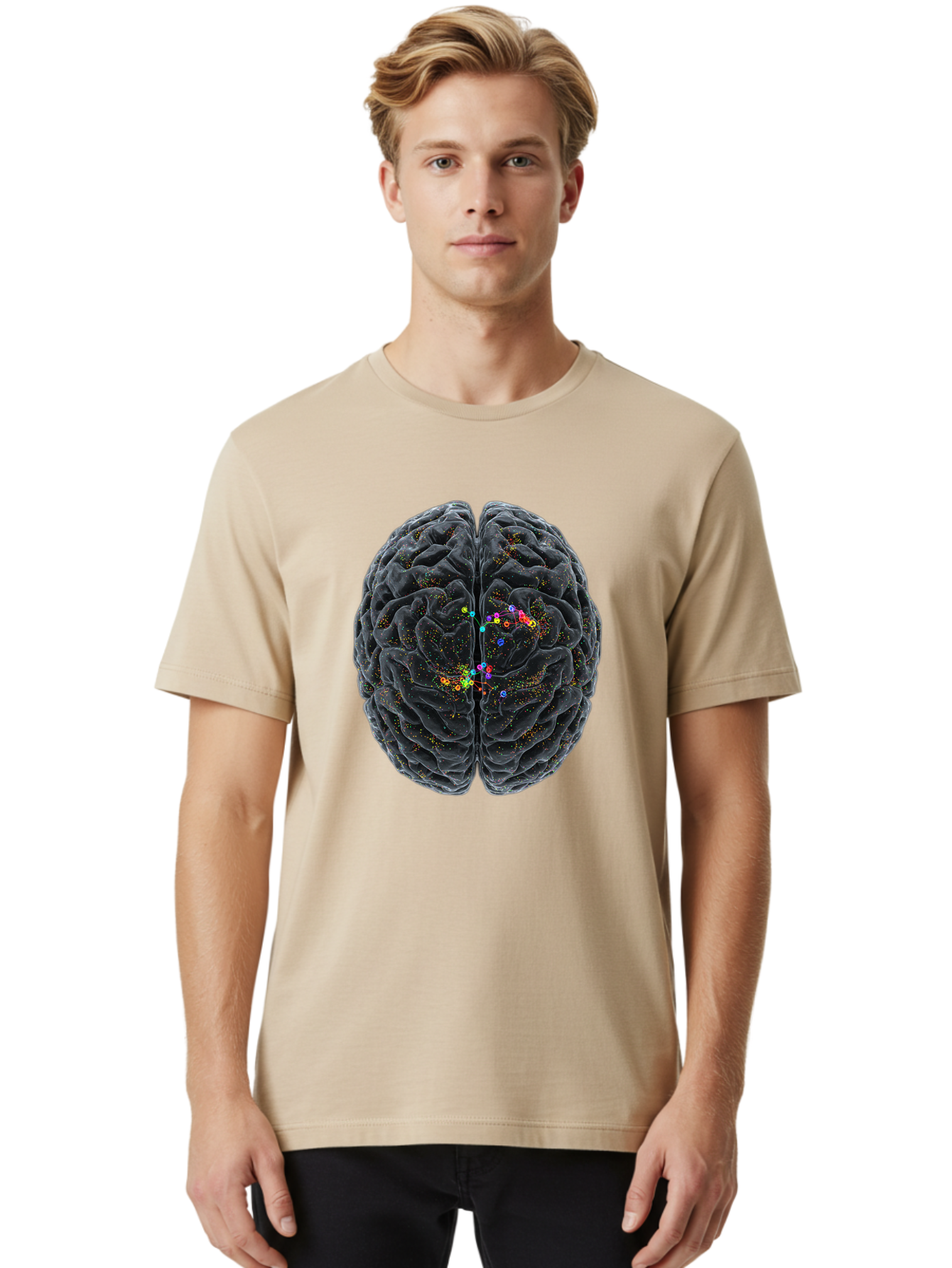 Human-Brain-2 Men'S Graphic Tee, 100% Cotton, Comfortable Casual Summer Wear, Machine Washable, Human Brain Anatomy, Neural Connections, Brain Function, Neuroscience, Cognitive Processes, Colorful Neurons, Synapses, Brain Activity, Baa840