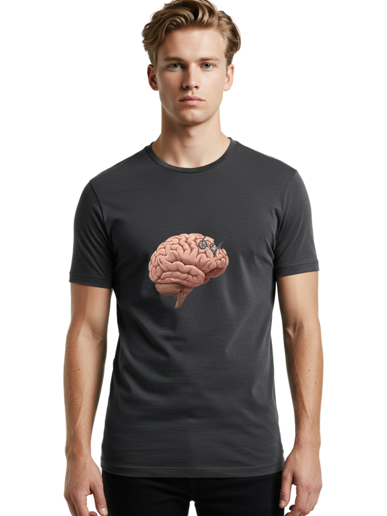 Human-Brain-With-Gears Men'S Graphic Tee, 100% Cotton, Comfortable Casual Summer Wear, Machine Washable, Human Brain, Cognitive Function, Mechanical Gears, Neural Connections, Thinking Process, Innovative Ideas, Brain Activity, Baa849