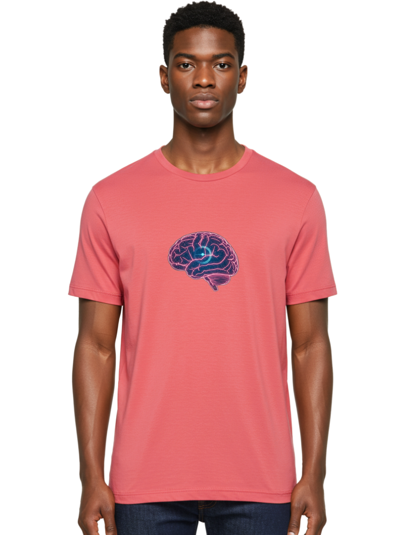 Human-Brain Men'S Graphic Tee, 100% Cotton, Comfortable Casual Summer Wear, Machine Washable, Human Brain, Cognitive Function, Neuroscience, Brain Function, Thought Process, Intelligence, Pink Outline, Blue Glow, Concentrated Thought Baa850