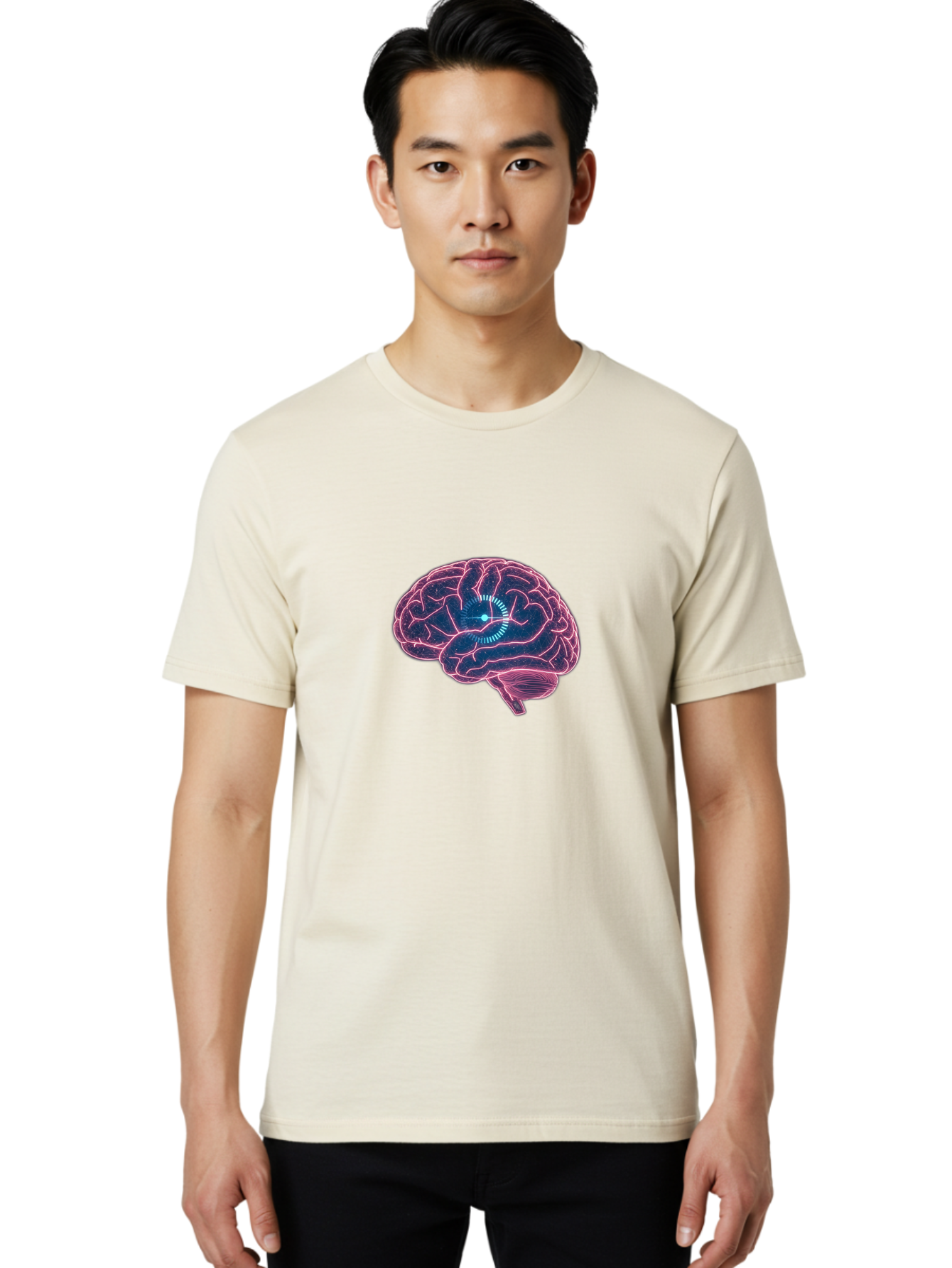 Human-Brain Men'S Graphic Tee, 100% Cotton, Comfortable Casual Summer Wear, Machine Washable, Human Brain, Cognitive Function, Neuroscience, Brain Function, Thought Process, Intelligence, Pink Outline, Blue Glow, Concentrated Thought Baa850