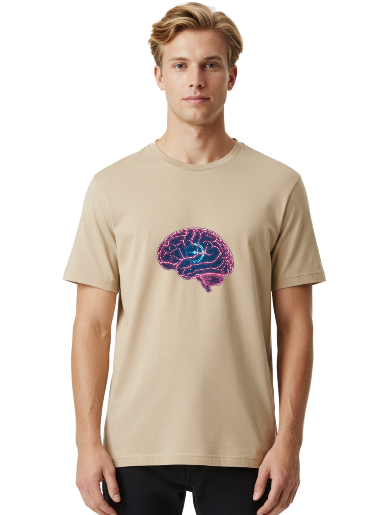 Human-Brain Men'S Graphic Tee, 100% Cotton, Comfortable Casual Summer Wear, Machine Washable, Human Brain, Cognitive Function, Neuroscience, Brain Function, Thought Process, Intelligence, Pink Outline, Blue Glow, Concentrated Thought Baa850